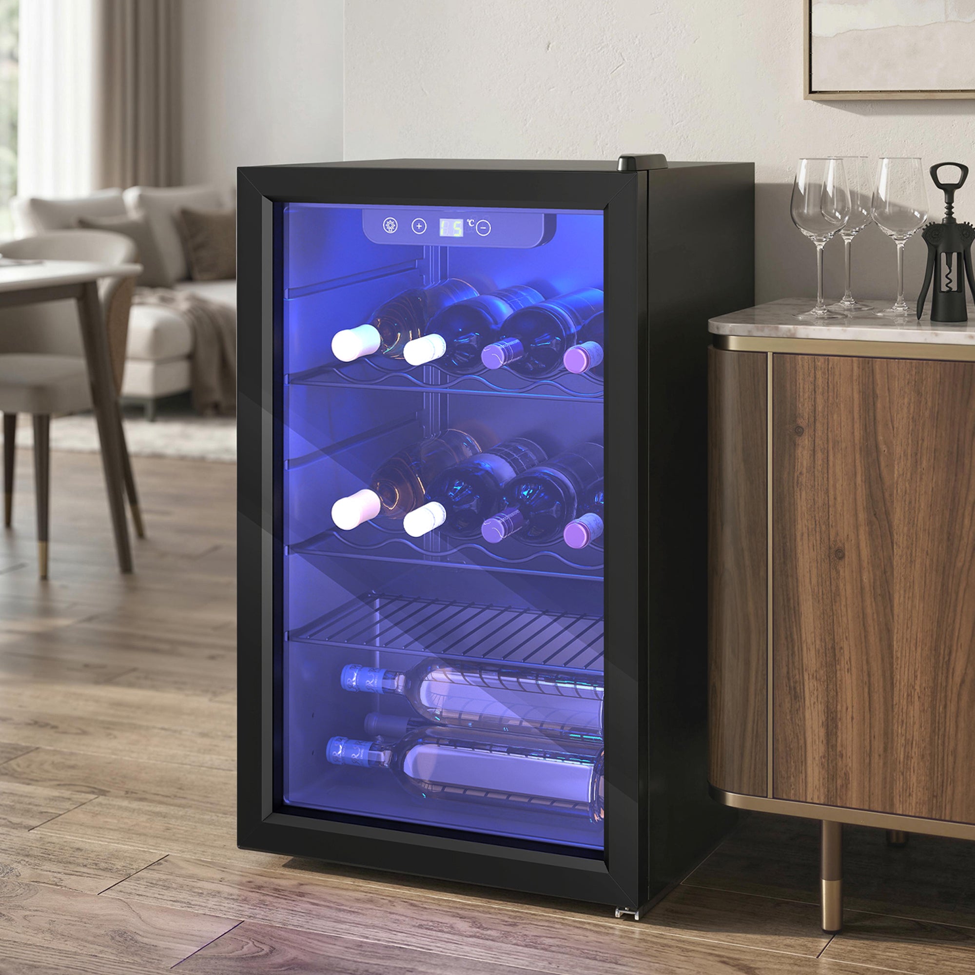 Cave à vin 24 bouteilles 68L, réfrigérateur à vin et boissons avec température réglable 4-16 °C, porte réversible en verre trempé double, éclairage LED, écran tactile et étagère amovible, noir