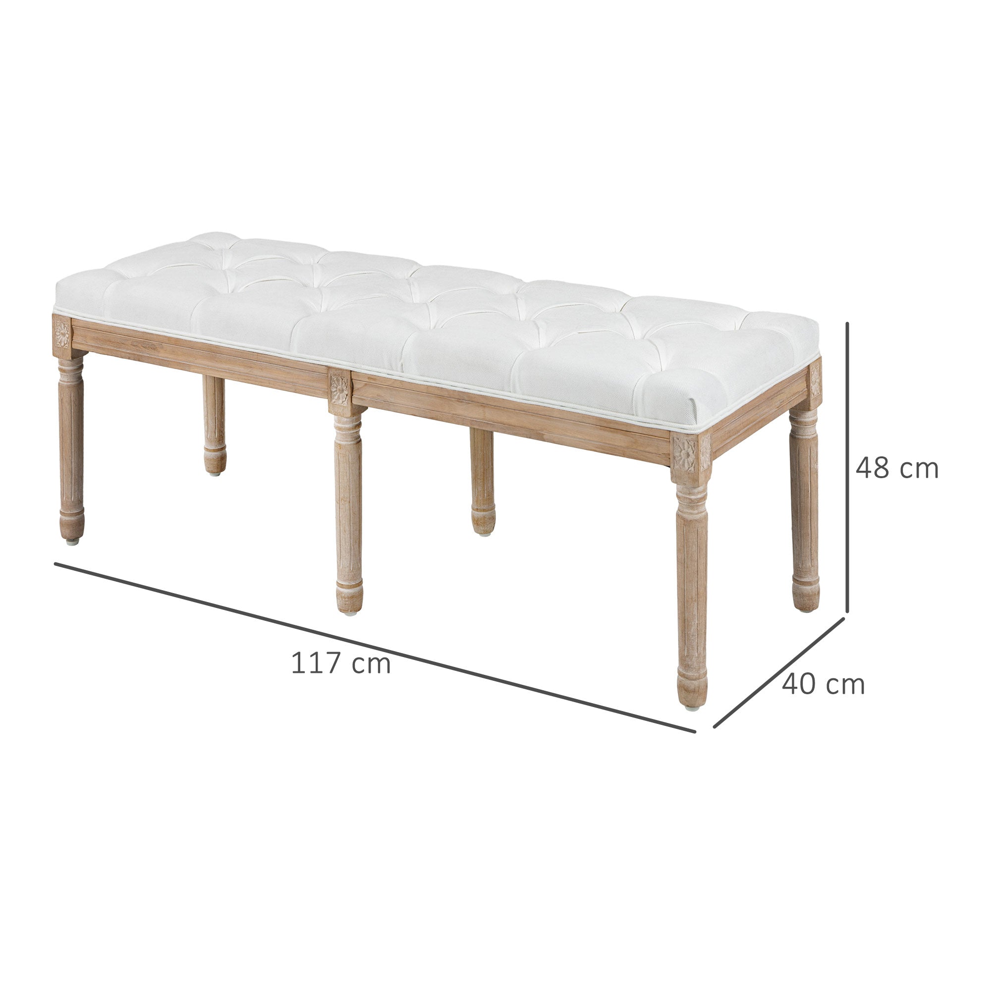 Banc bout de lit banquette capitonnée style vintage français rembourrage épais revêtement tissu aspect lin pieds en bois massif crème