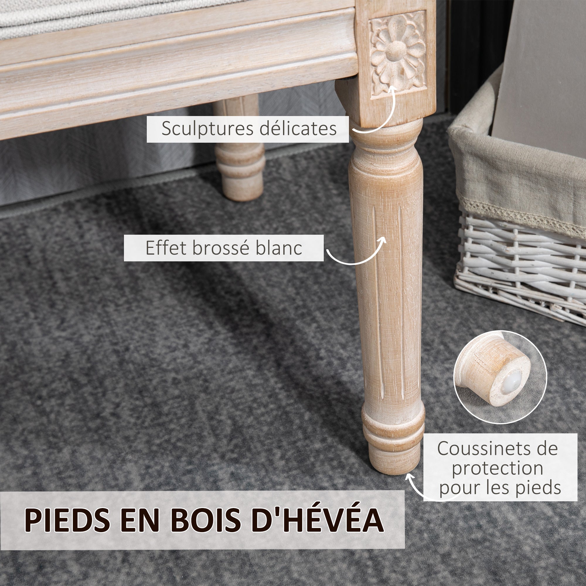 Banc bout de lit banquette capitonnée style vintage français rembourrage épais revêtement tissu aspect lin pieds en bois massif crème