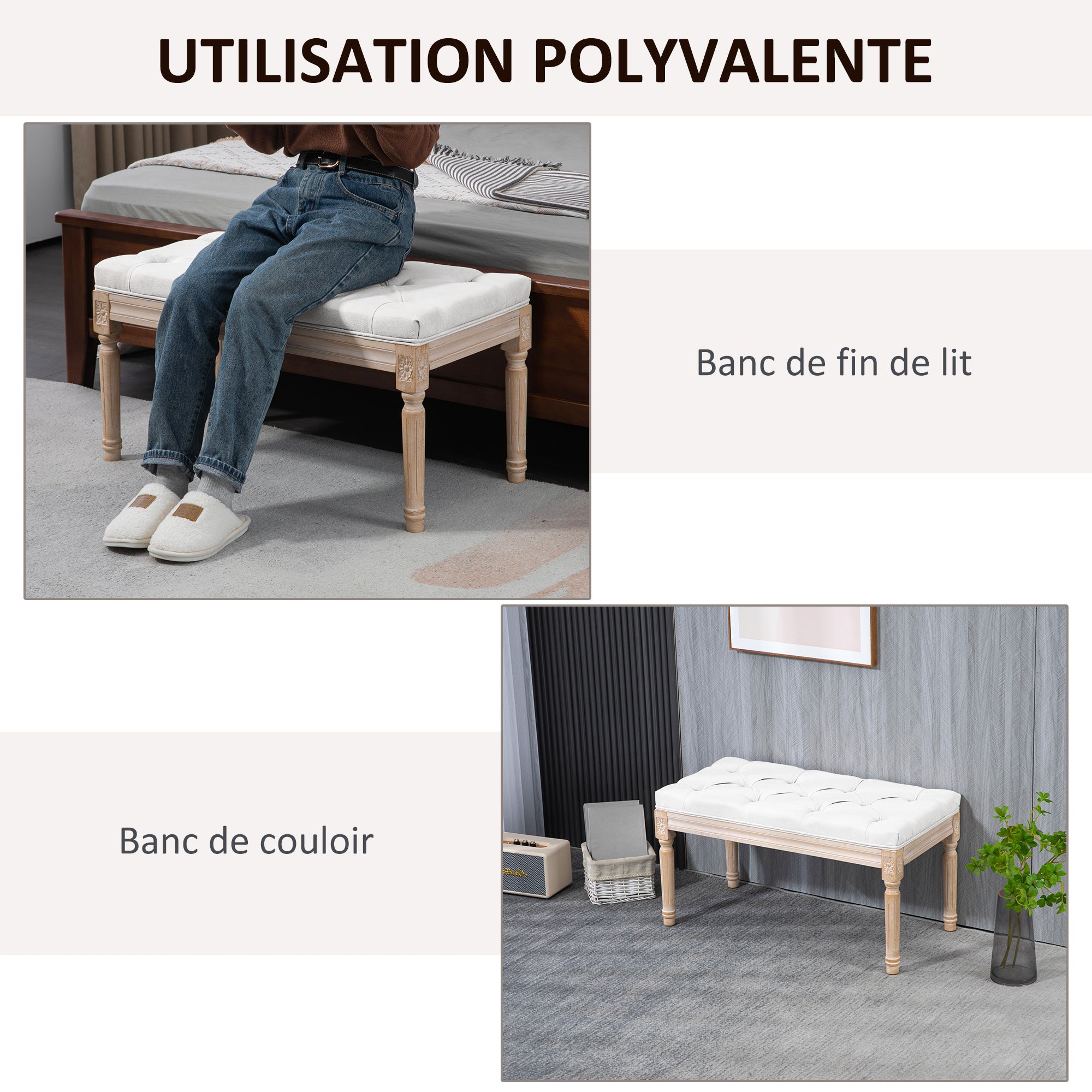 Banc bout de lit banquette capitonnée style vintage français rembourrage épais revêtement tissu aspect lin pieds en bois massif crème