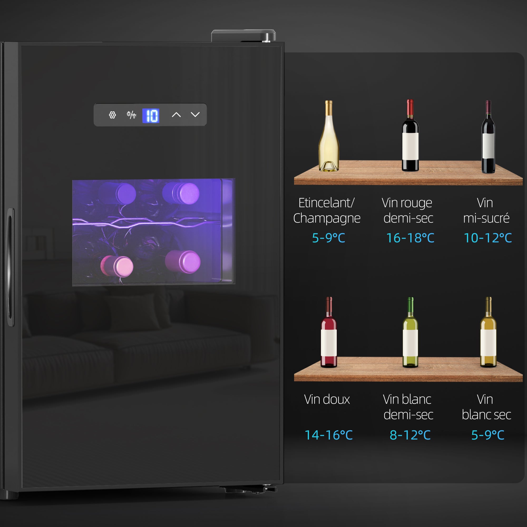 Cave à vin 15 bouteilles 39L réfrigérateur à vin thermoélectrique et silencieux - porte en verre, éclairage LED, écran tactile numérique, frigo vin contrôle de température 8-18°C, noir