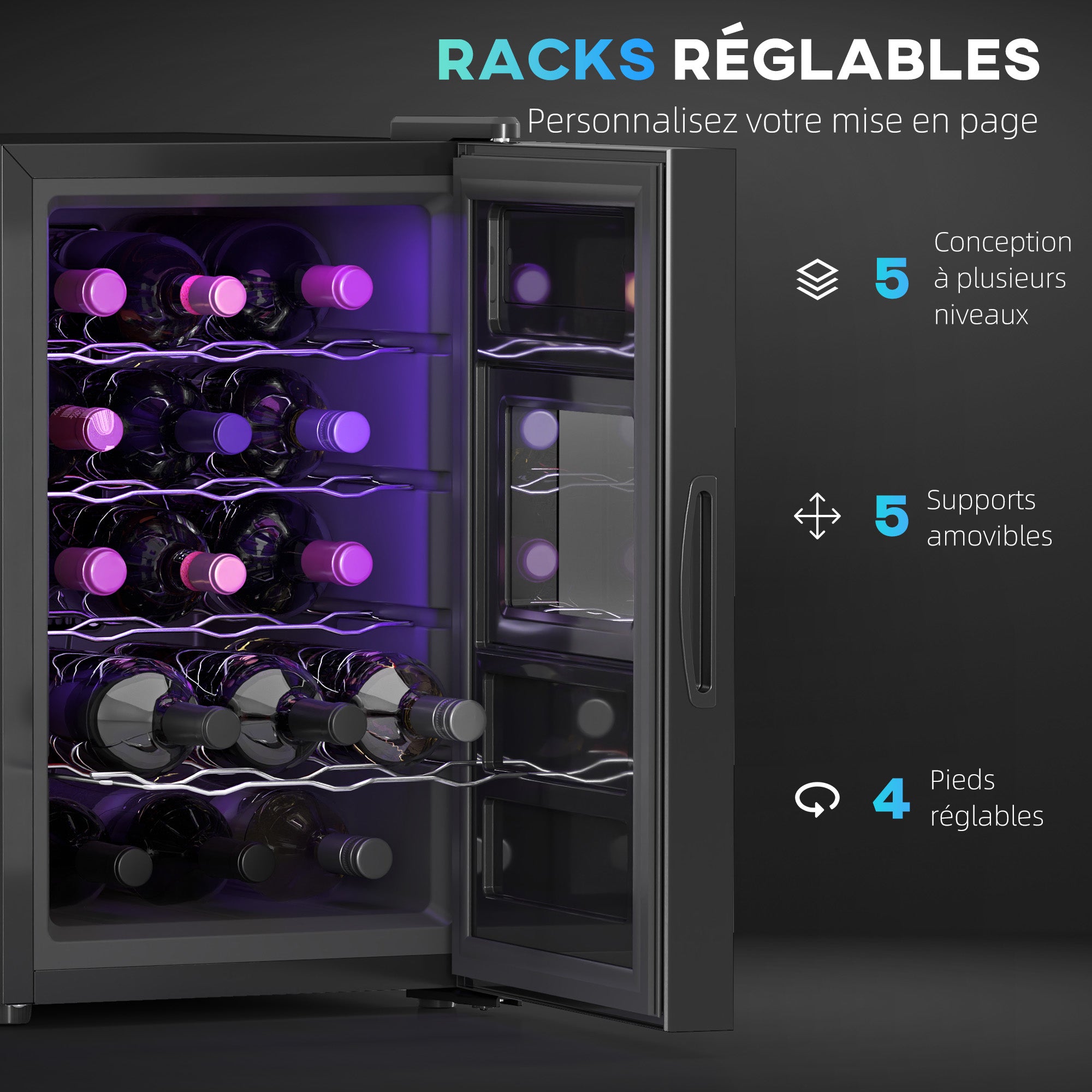 Cave à vin 15 bouteilles 39L réfrigérateur à vin thermoélectrique et silencieux - porte en verre, éclairage LED, écran tactile numérique, frigo vin contrôle de température 8-18°C, noir