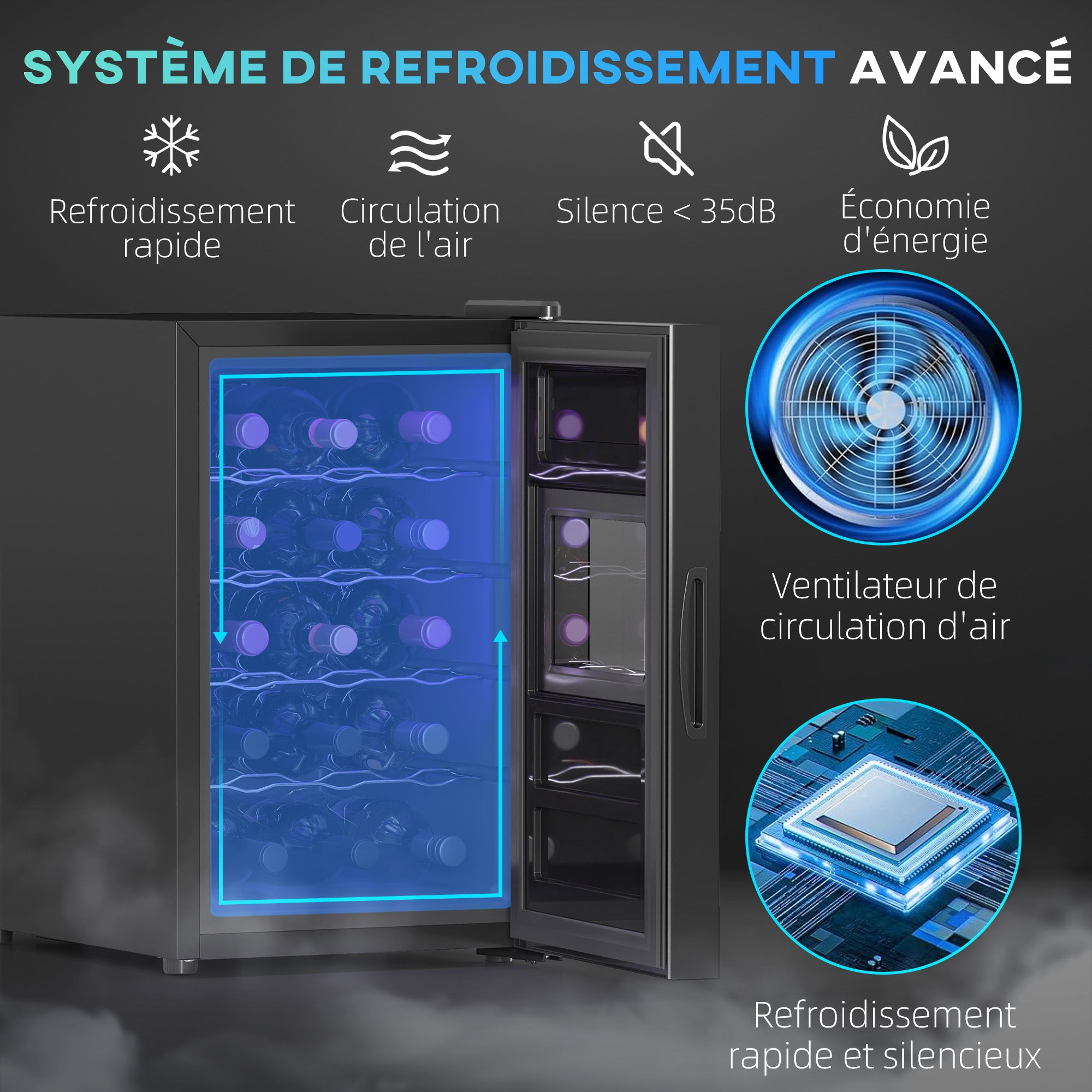 Cave à vin 15 bouteilles 39L réfrigérateur à vin thermoélectrique et silencieux - porte en verre, éclairage LED, écran tactile numérique, frigo vin contrôle de température 8-18°C, noir