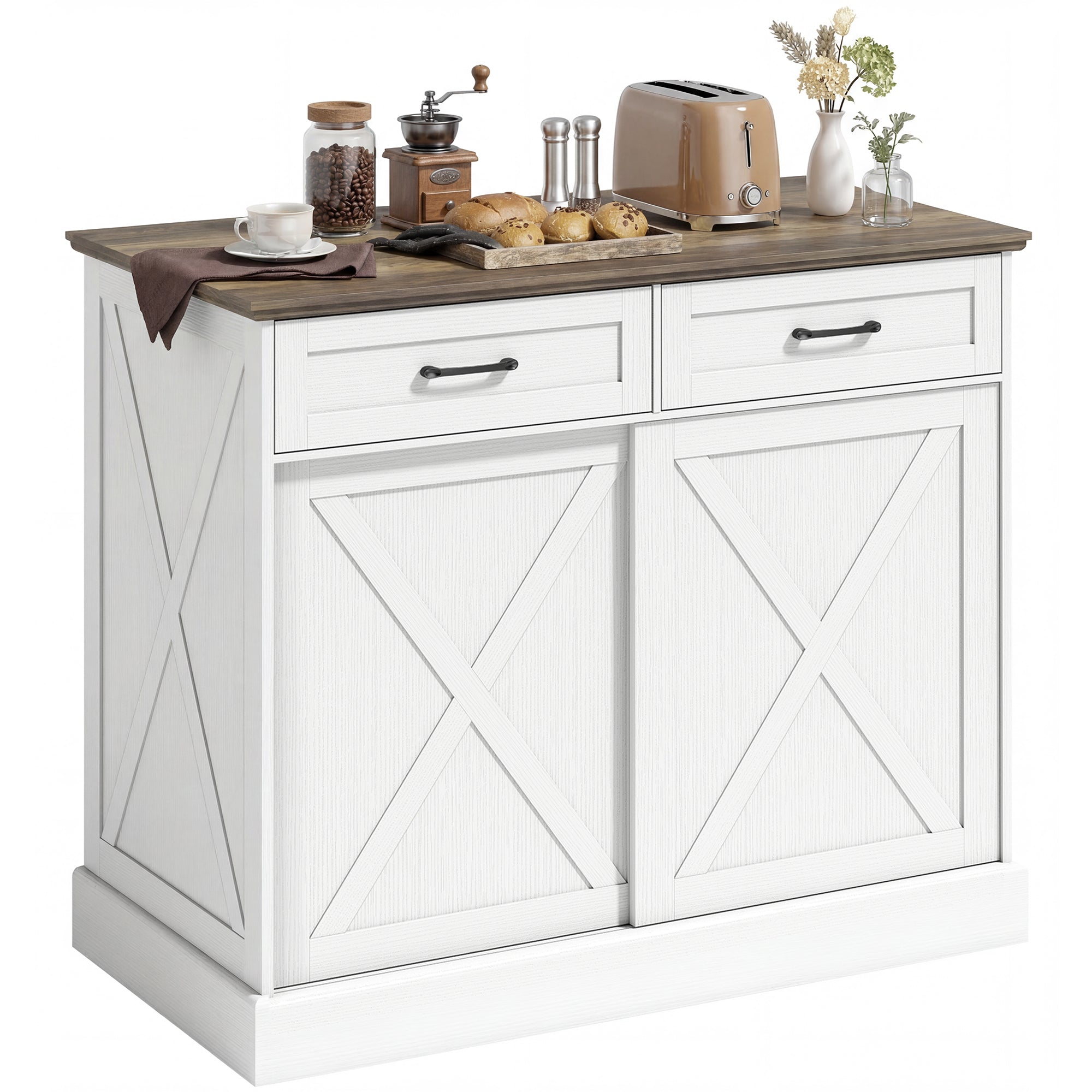 Îlot Central Cuisine, Buffet Cuisine, Meuble de Rangement avec 2 Tiroirs, 2 Portes Coulissantes et Étagère Réglable, Style Rustique, 106,4 x 57 x 92 cm, Blanc et Marron