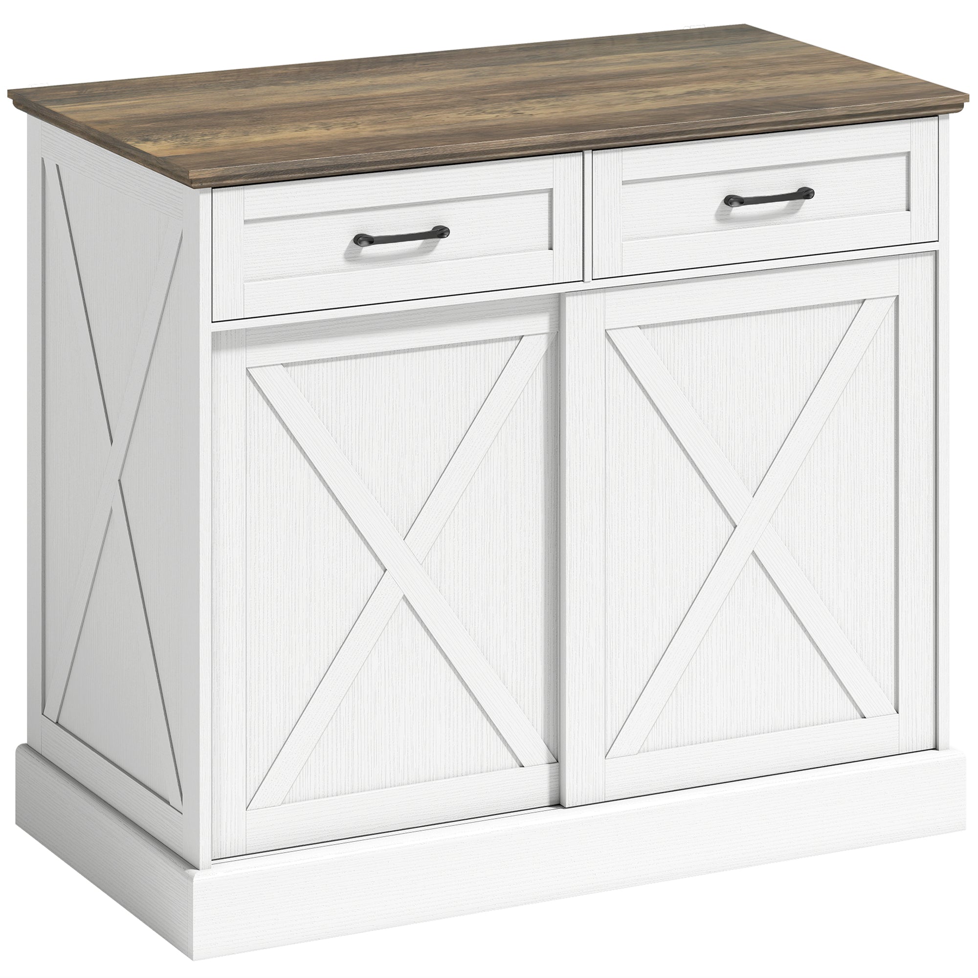 Îlot Central Cuisine, Buffet Cuisine, Meuble de Rangement avec 2 Tiroirs, 2 Portes Coulissantes et Étagère Réglable, Style Rustique, 106,4 x 57 x 92 cm, Blanc et Marron