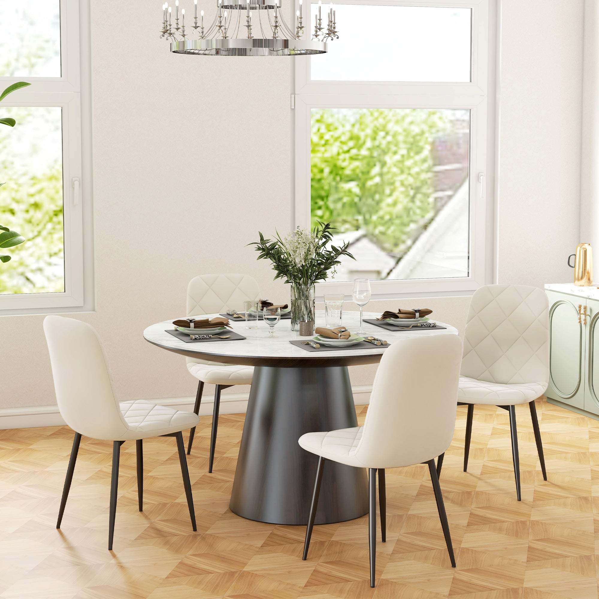 Lot de 4 chaises de salle à manger, chaises de cuisine rembourrées avec dossier haut, pieds en acier et tissu effet velours, pour salon, chambre, cuisine, crème