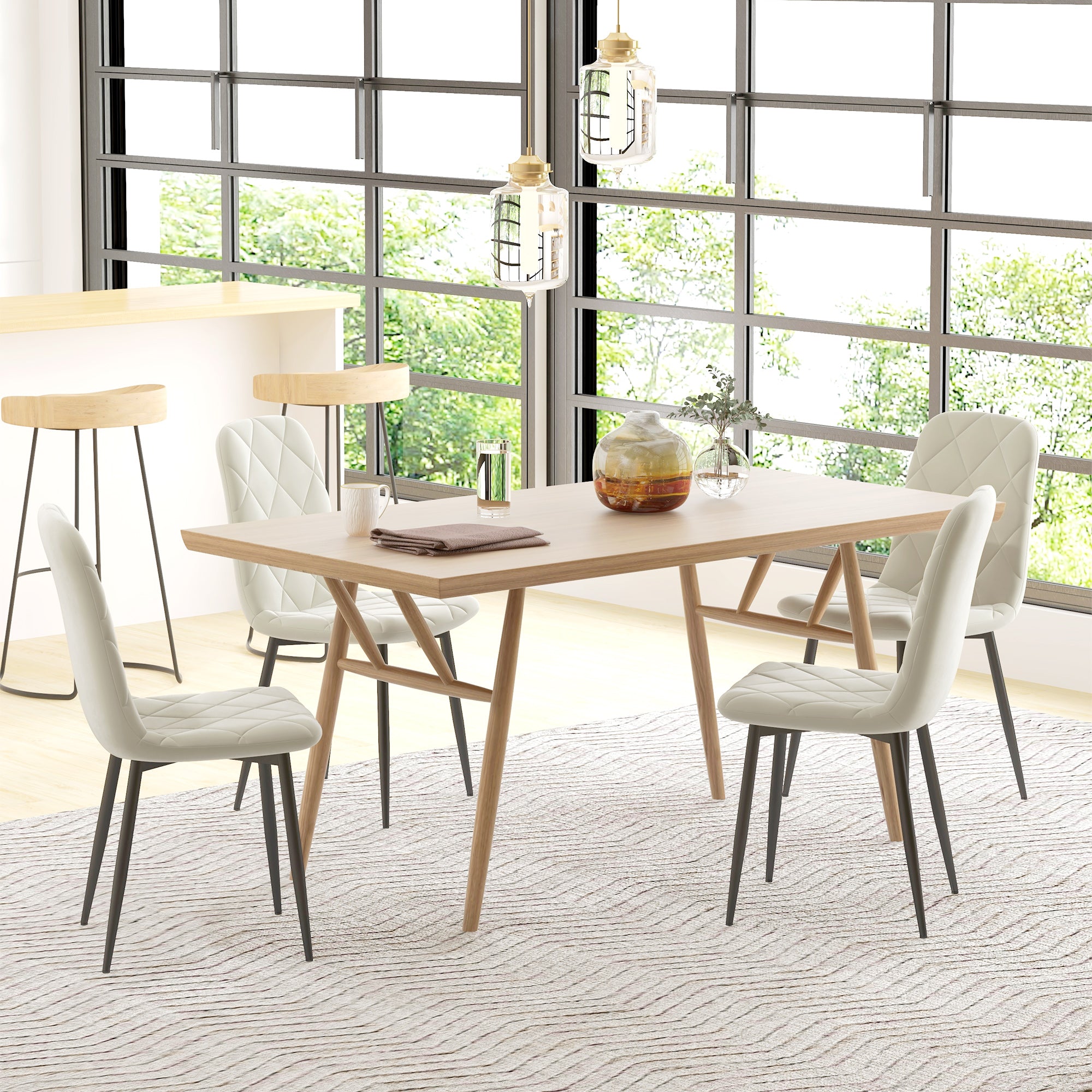 Lot de 4 chaises de salle à manger, chaises de cuisine rembourrées avec dossier haut, pieds en acier et tissu effet velours, pour salon, chambre, cuisine, crème