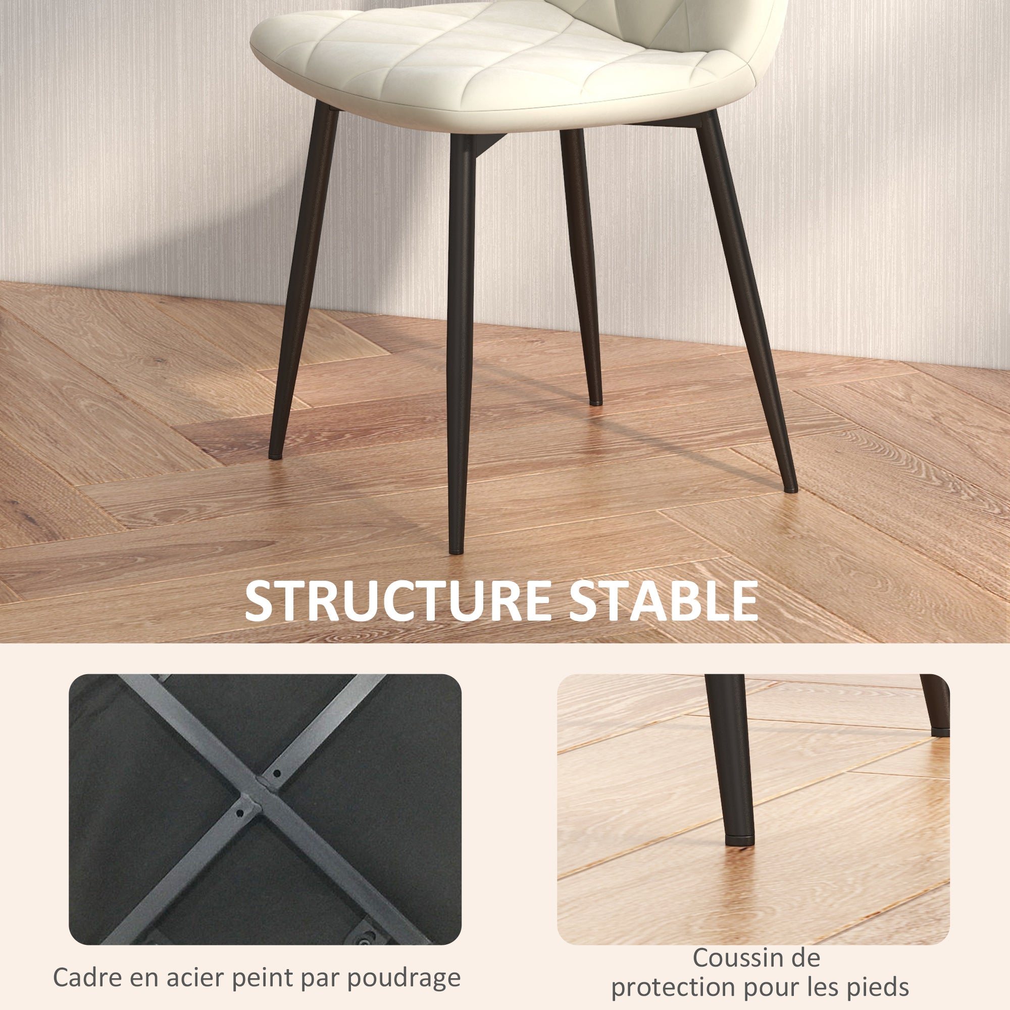 Lot de 4 chaises de salle à manger, chaises de cuisine rembourrées avec dossier haut, pieds en acier et tissu effet velours, pour salon, chambre, cuisine, crème