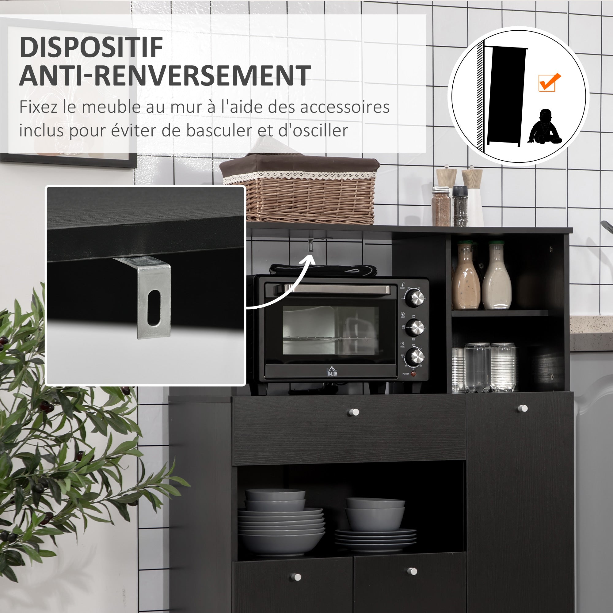 Meuble de micro-onde armoire cuisine meuble de rangement multi-rangements buffet avec 2 placards 4 niches tiroir coulissant dim. 90L x 40l x 120H cm en bois noir