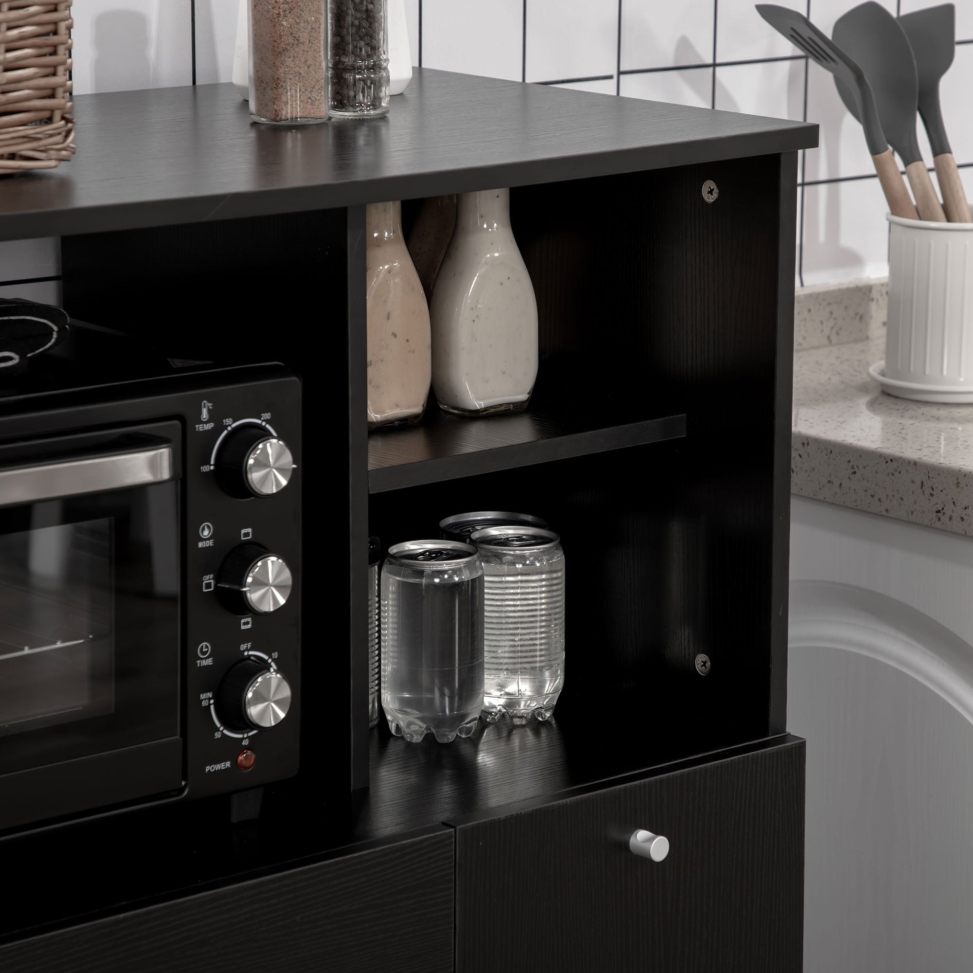Meuble de micro-onde armoire cuisine meuble de rangement multi-rangements buffet avec 2 placards 4 niches tiroir coulissant dim. 90L x 40l x 120H cm en bois noir