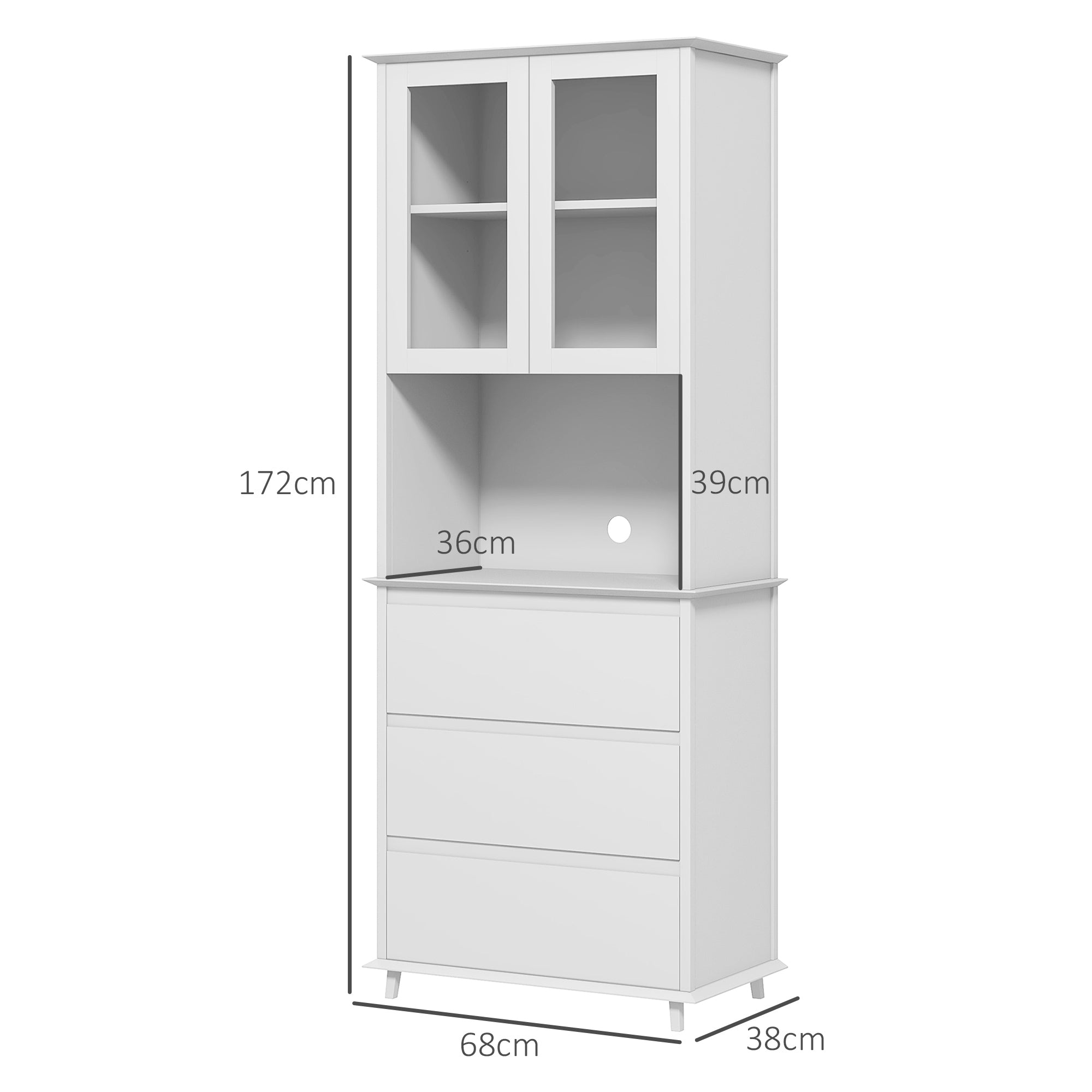 Buffet de cuisine meuble de rangement placard 2 portes 3 tiroirs et niche centrale dim. 68L x 38l x 172H cm en bois blanc