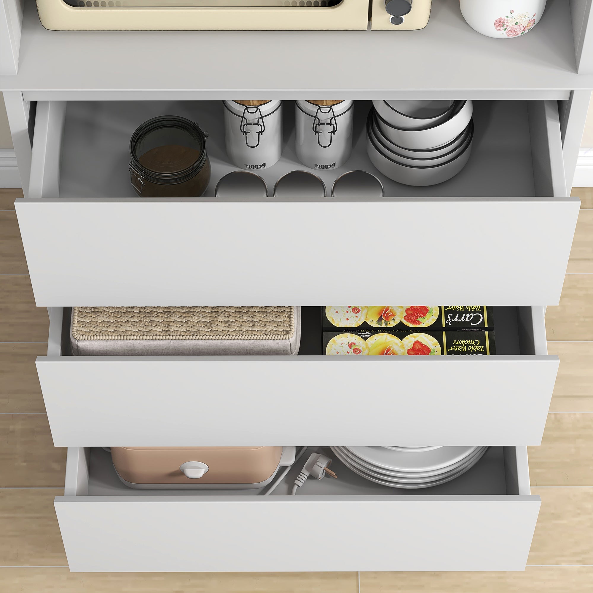 Buffet de cuisine meuble de rangement placard 2 portes 3 tiroirs et niche centrale dim. 68L x 38l x 172H cm en bois blanc