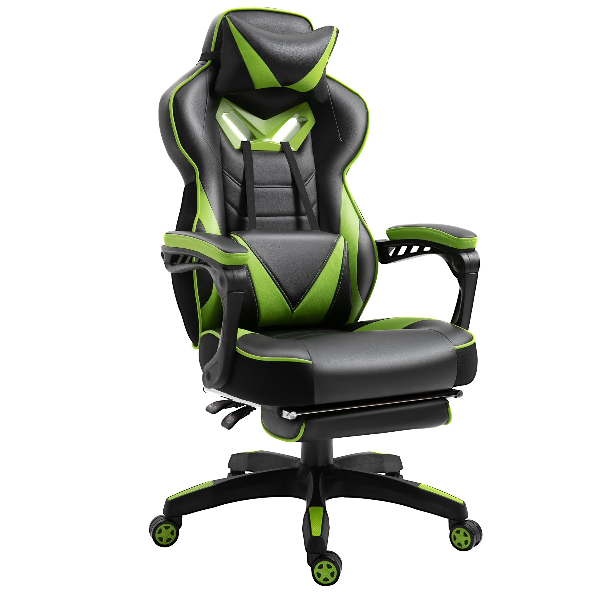 Chaise gaming Ergonomique, Fauteuil de Bureau confortable avec Repose-Pied, Appuie-Tête et coussin lombaire, Hauteur Réglable, noir et vert