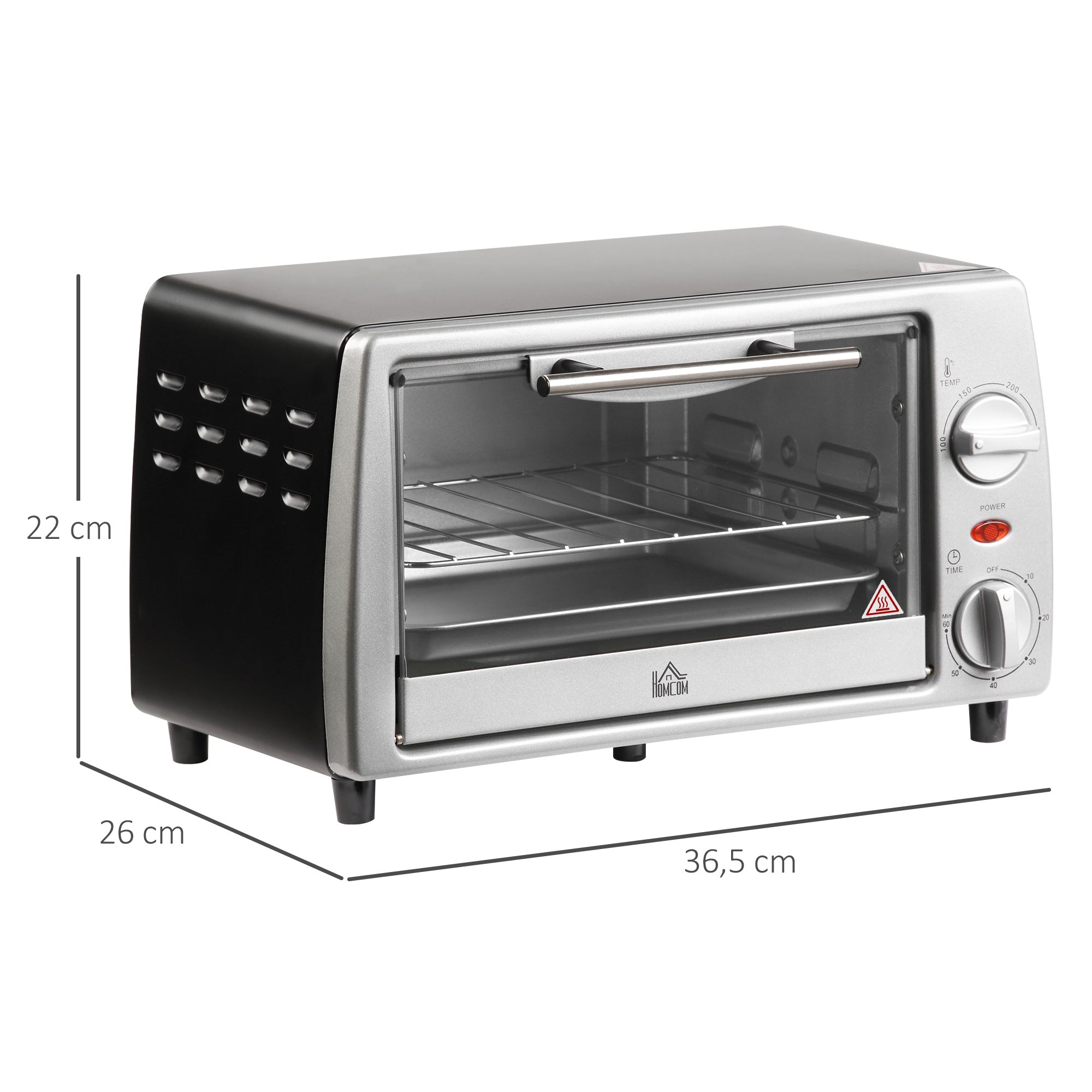 Mini four électrique 10L avec 1 grille et 1 plateau, température réglable de 100°C à 230°C, Minuteur 60 min, 36,5x26x22cm, argent