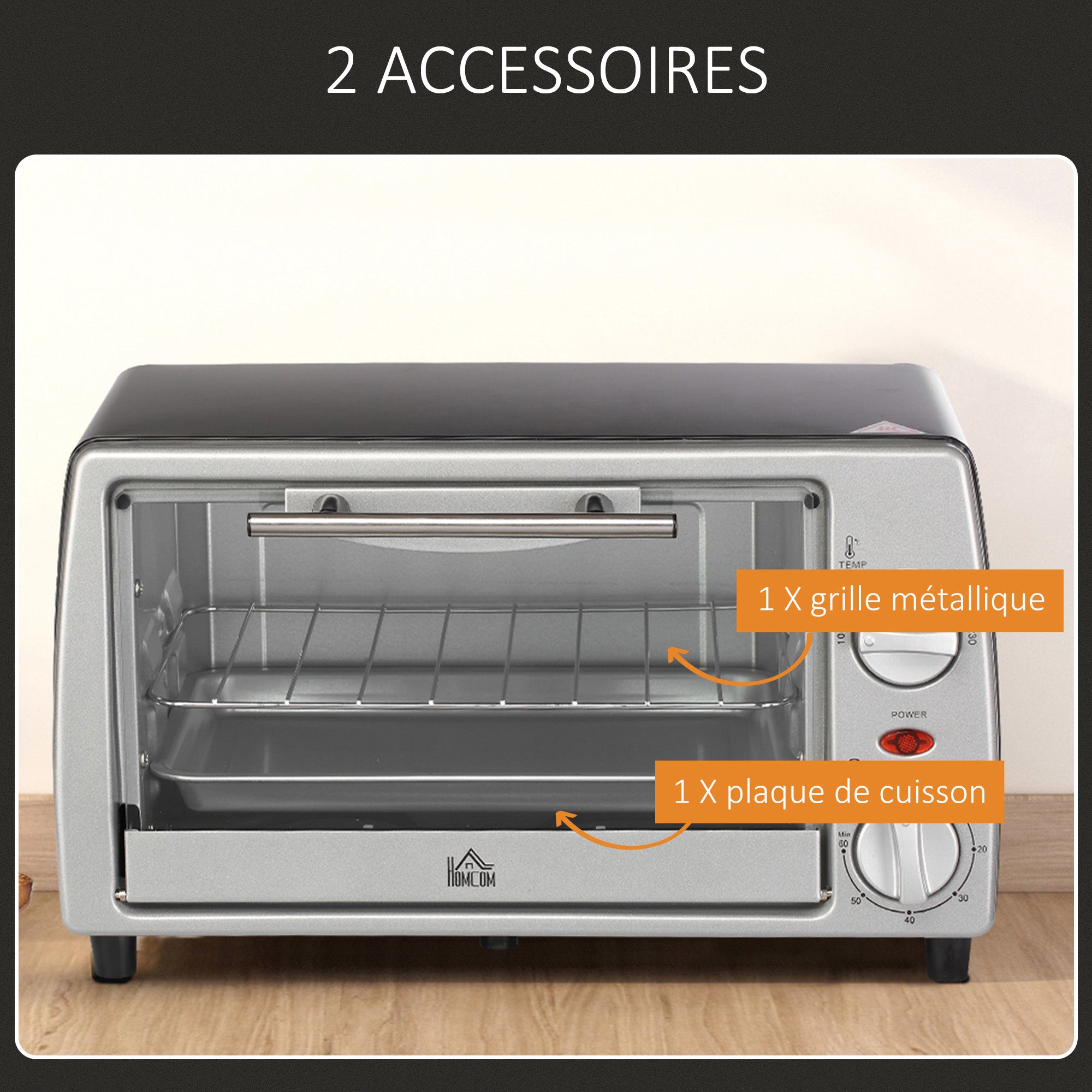 Mini four électrique 10L avec 1 grille et 1 plateau, température réglable de 100°C à 230°C, Minuteur 60 min, 36,5x26x22cm, argent