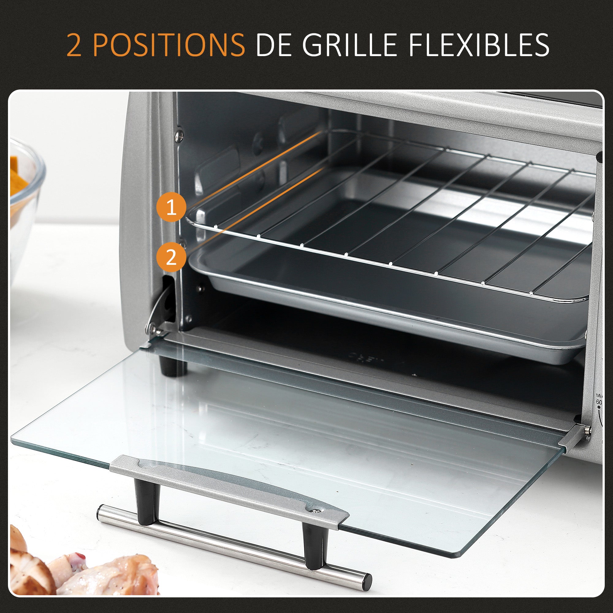 Mini four électrique 10L avec 1 grille et 1 plateau, température réglable de 100°C à 230°C, Minuteur 60 min, 36,5x26x22cm, argent