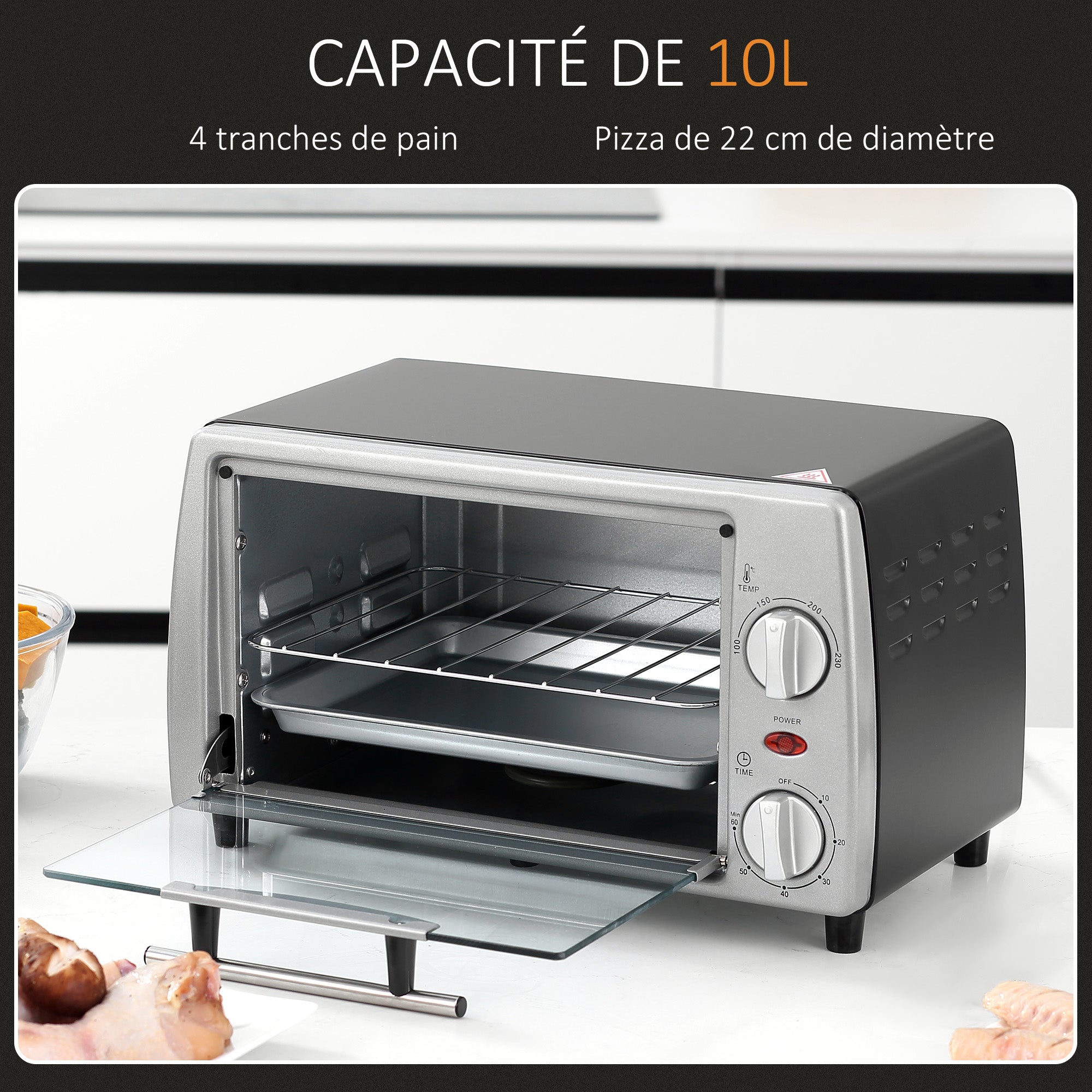 Mini four électrique 10L avec 1 grille et 1 plateau, température réglable de 100°C à 230°C, Minuteur 60 min, 36,5x26x22cm, argent