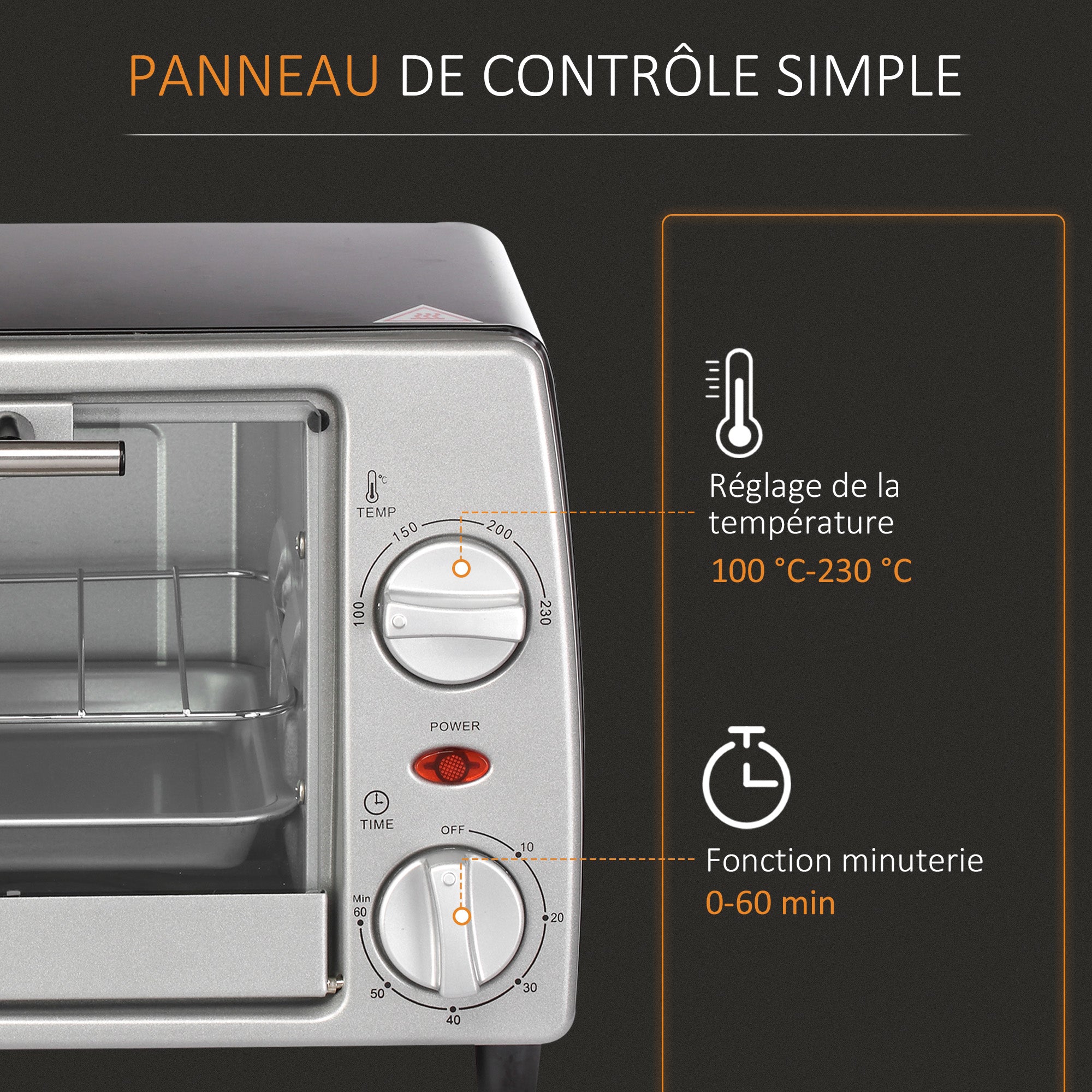 Mini four électrique 10L avec 1 grille et 1 plateau, température réglable de 100°C à 230°C, Minuteur 60 min, 36,5x26x22cm, argent