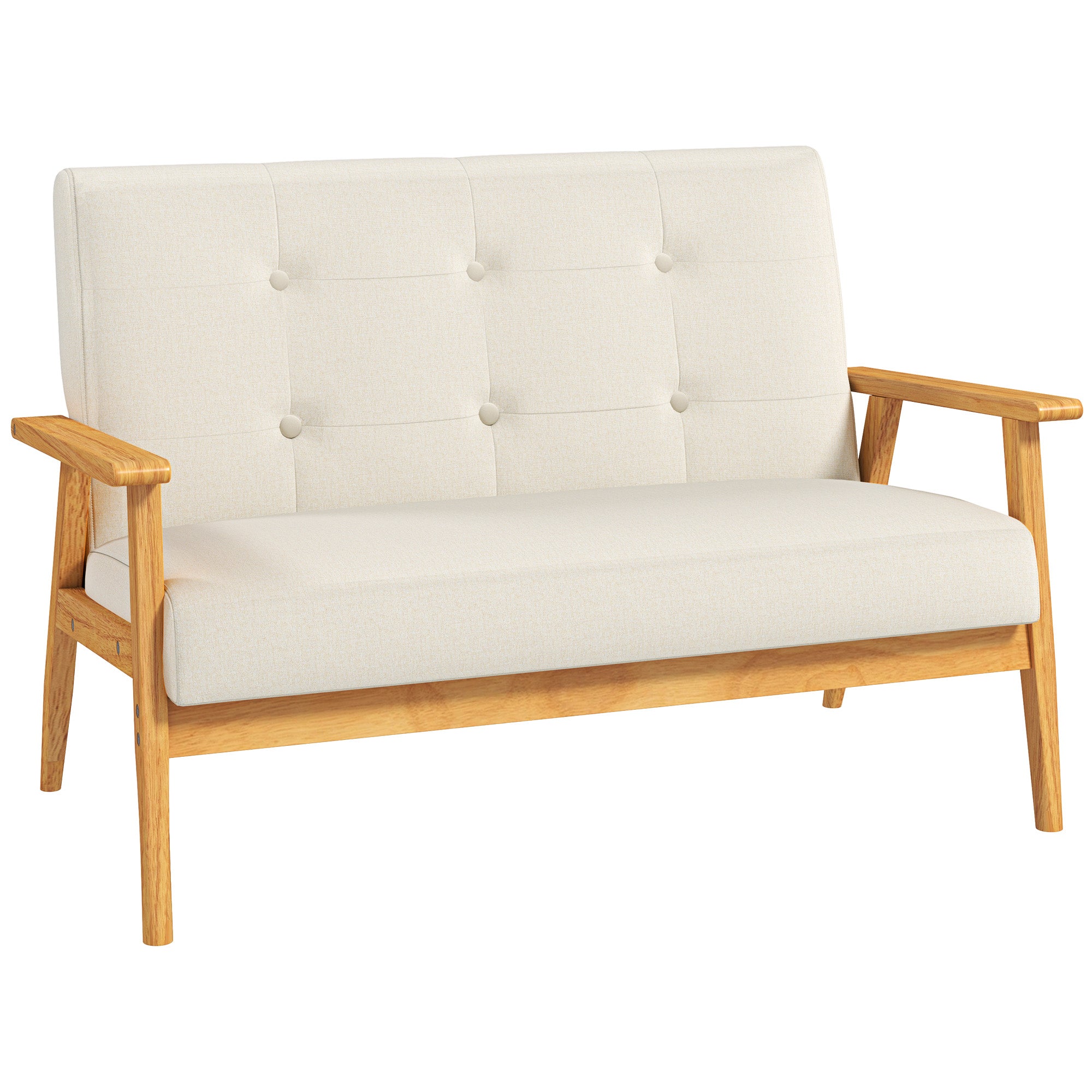 Canapé 3 places 115 cm, canapé scandinave avec dossier capitonné, assise rembourrée et accoudoirs, pieds en bois d'hévéa, pour salon, chambre, petit espace, beige