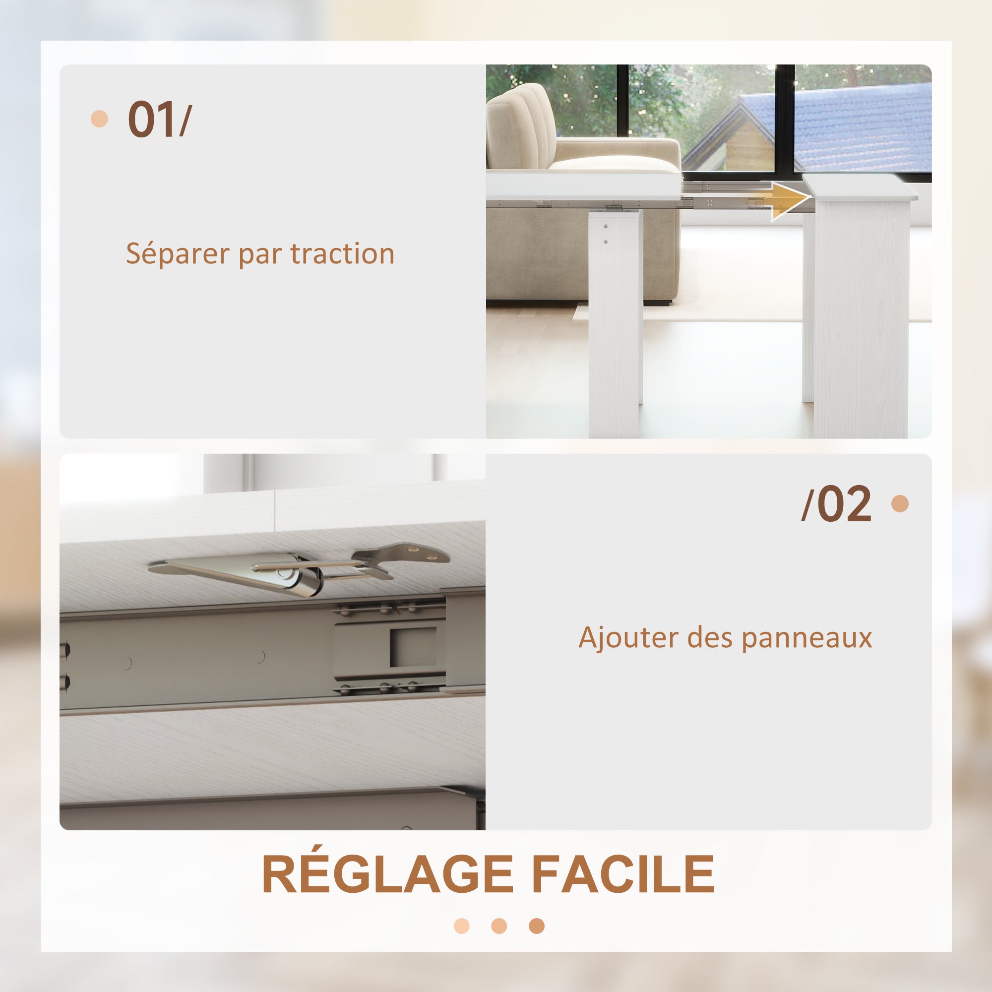 Table à manger pliante, table pliante cuisine rectangulaire extensible jusqu'à 6 personnes, pour petits espaces, salle à manger, blanc