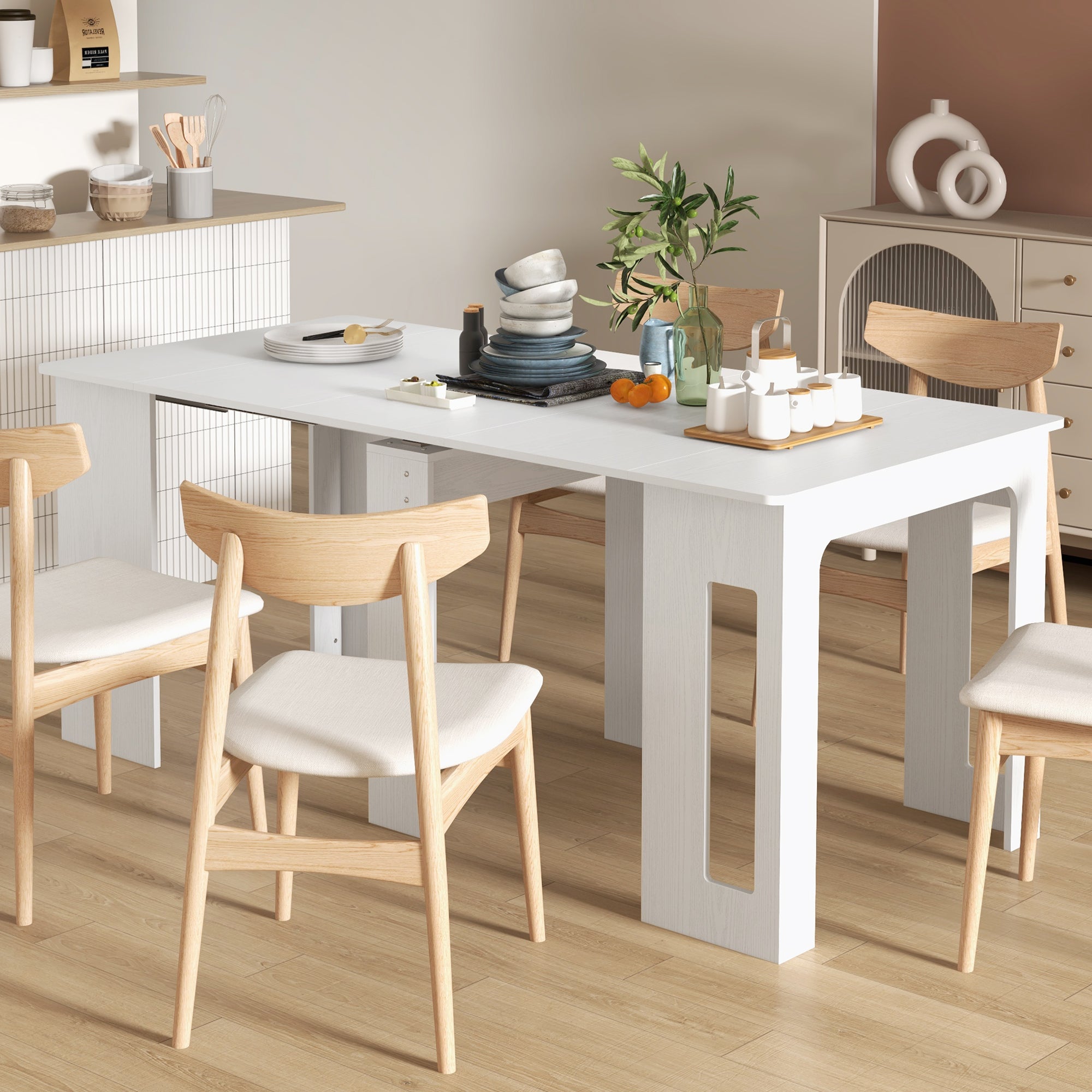 Table à manger pliante, table pliante cuisine rectangulaire extensible jusqu'à 6 personnes, pour petits espaces, salle à manger, blanc