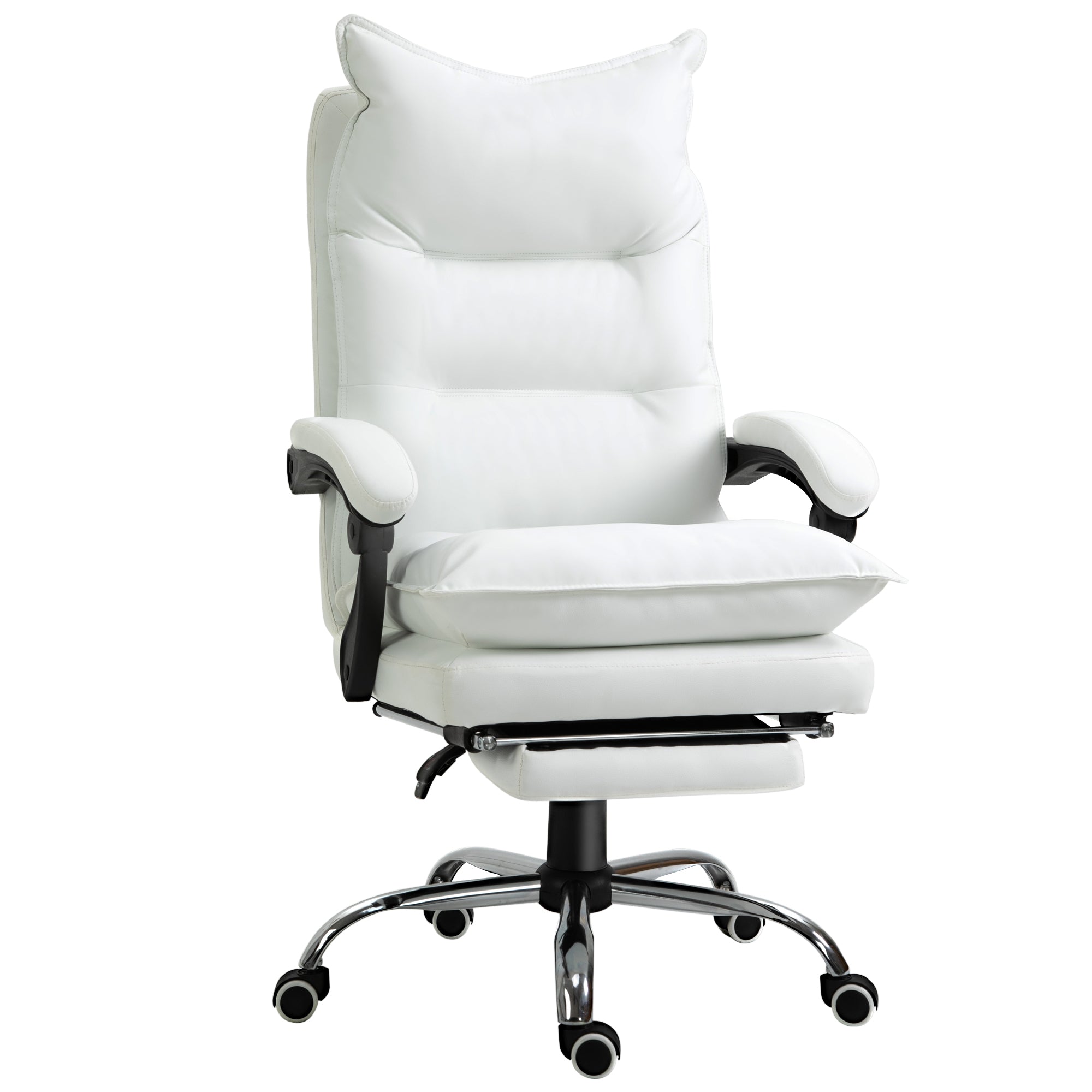 Fauteuil de bureau, chaise bureau ergonomique en similicuir avec large assise rembourrée, dossier inclinable, hauteur réglable, accoudoirs et repose-pied intégrés, charge 135 Kg, blanc