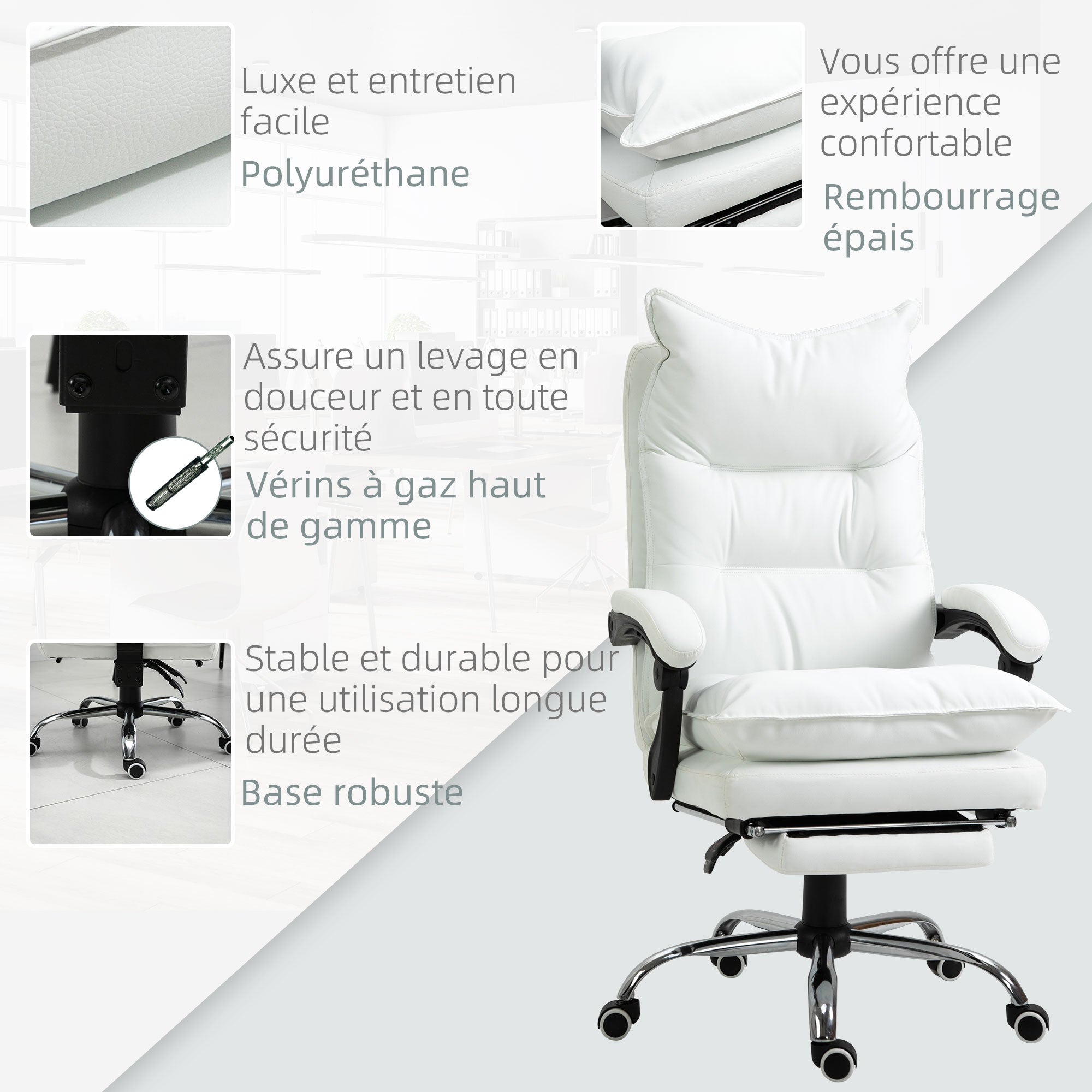 Fauteuil de bureau, chaise bureau ergonomique en similicuir avec large assise rembourrée, dossier inclinable, hauteur réglable, accoudoirs et repose-pied intégrés, charge 135 Kg, blanc