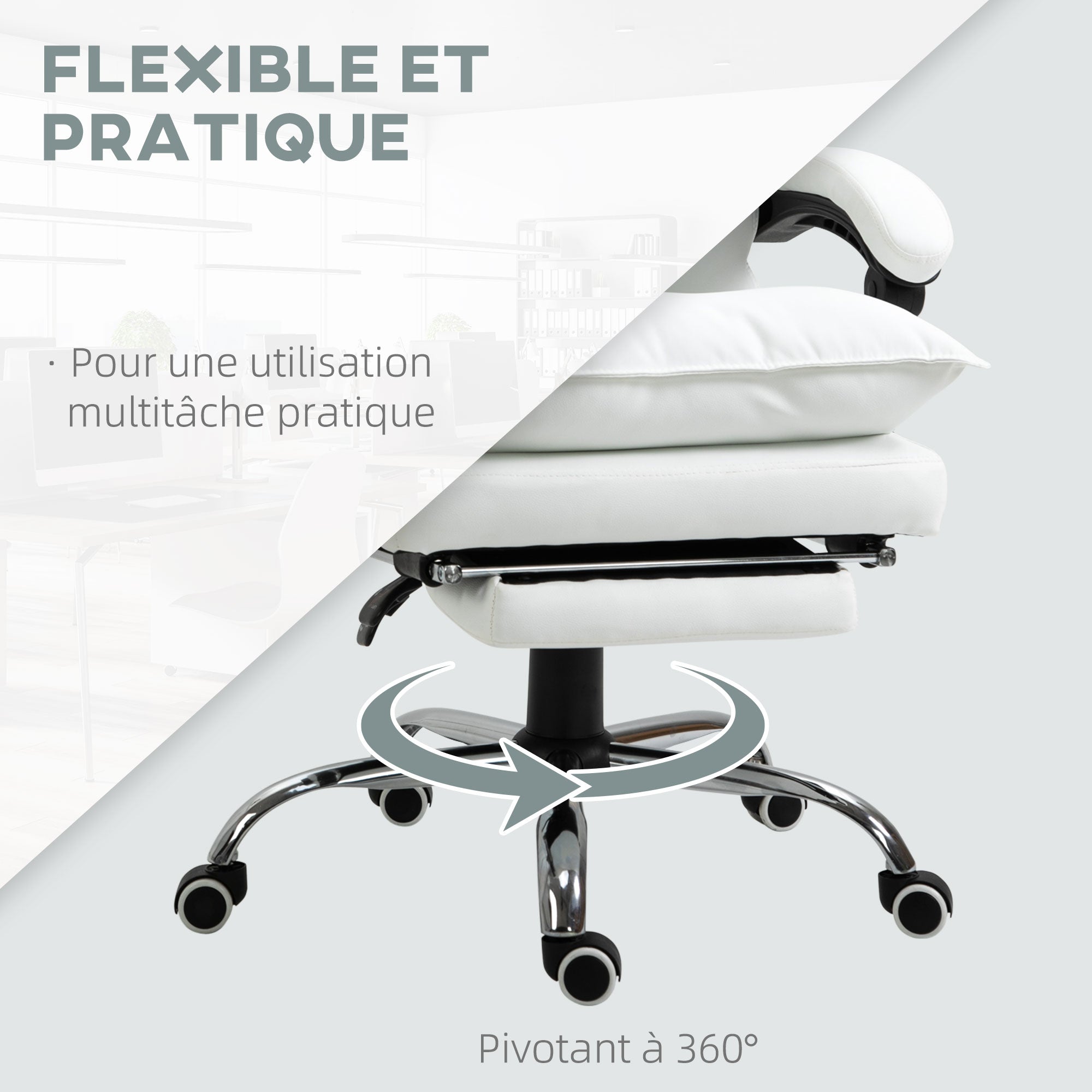 Fauteuil de bureau, chaise bureau ergonomique en similicuir avec large assise rembourrée, dossier inclinable, hauteur réglable, accoudoirs et repose-pied intégrés, charge 135 Kg, blanc