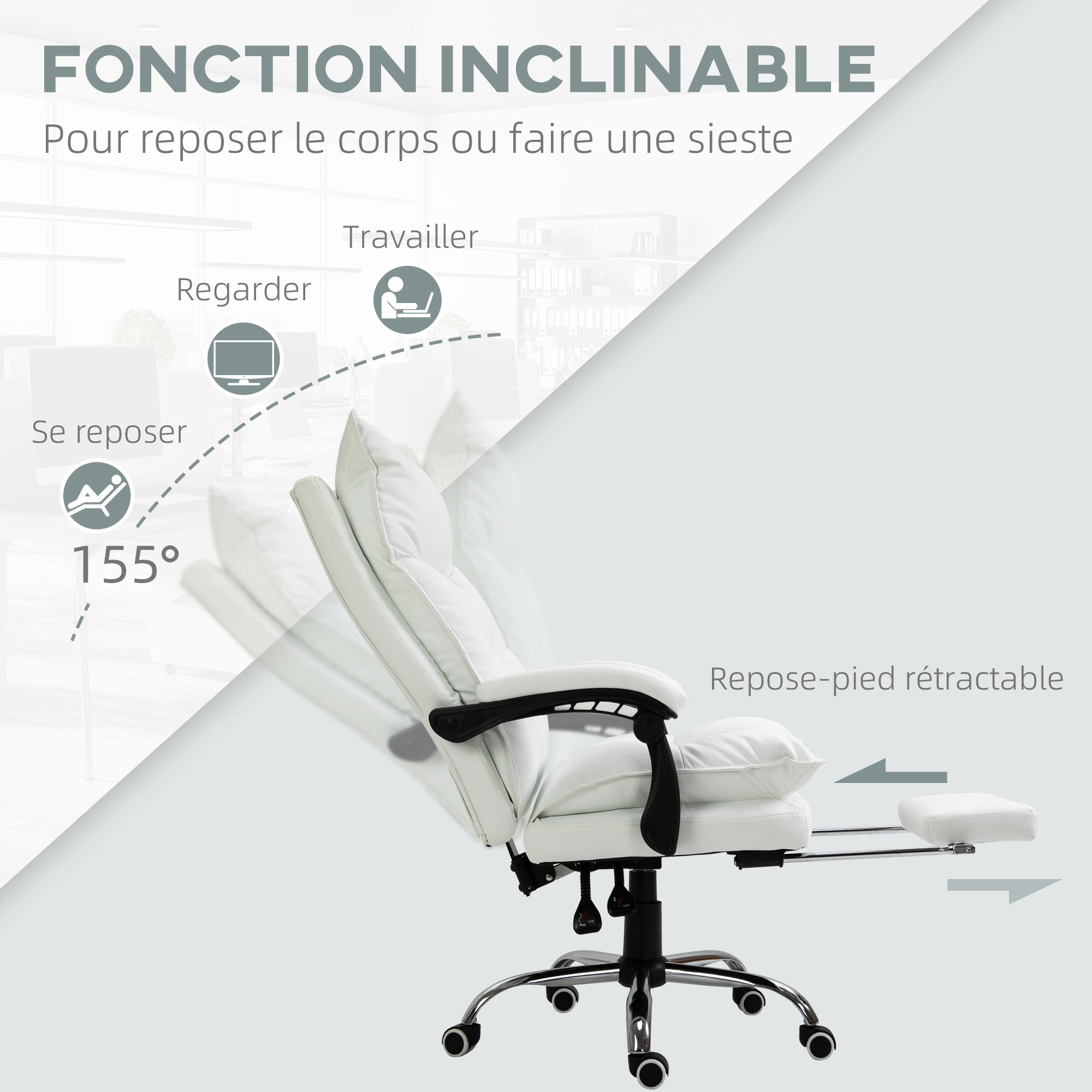 Fauteuil de bureau, chaise bureau ergonomique en similicuir avec large assise rembourrée, dossier inclinable, hauteur réglable, accoudoirs et repose-pied intégrés, charge 135 Kg, blanc