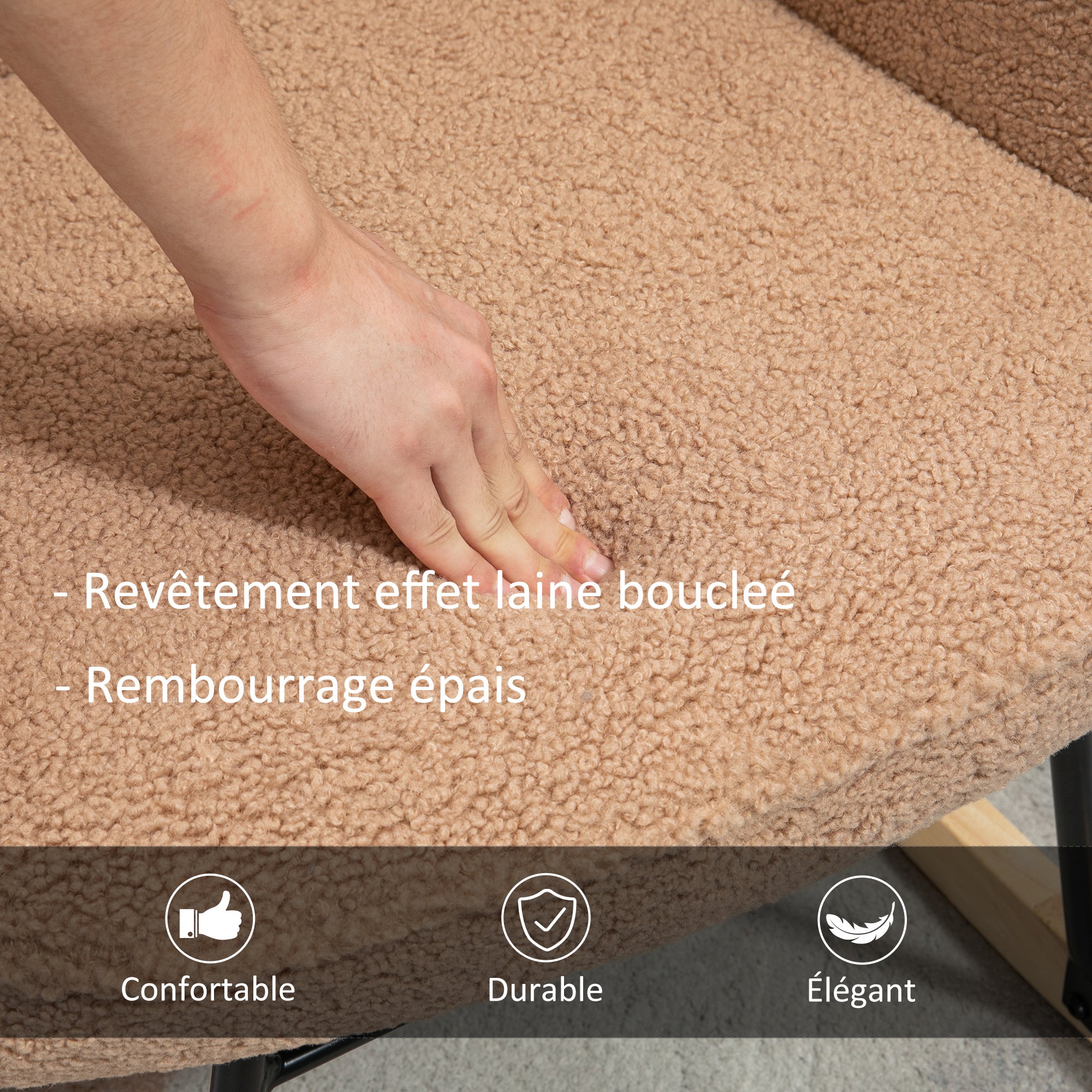 Fauteuil à bascule, rocking chair, revêtement bouclette, fauteuil allaitement, chaise à bascule, structure en acier, pieds en bois massif, marron