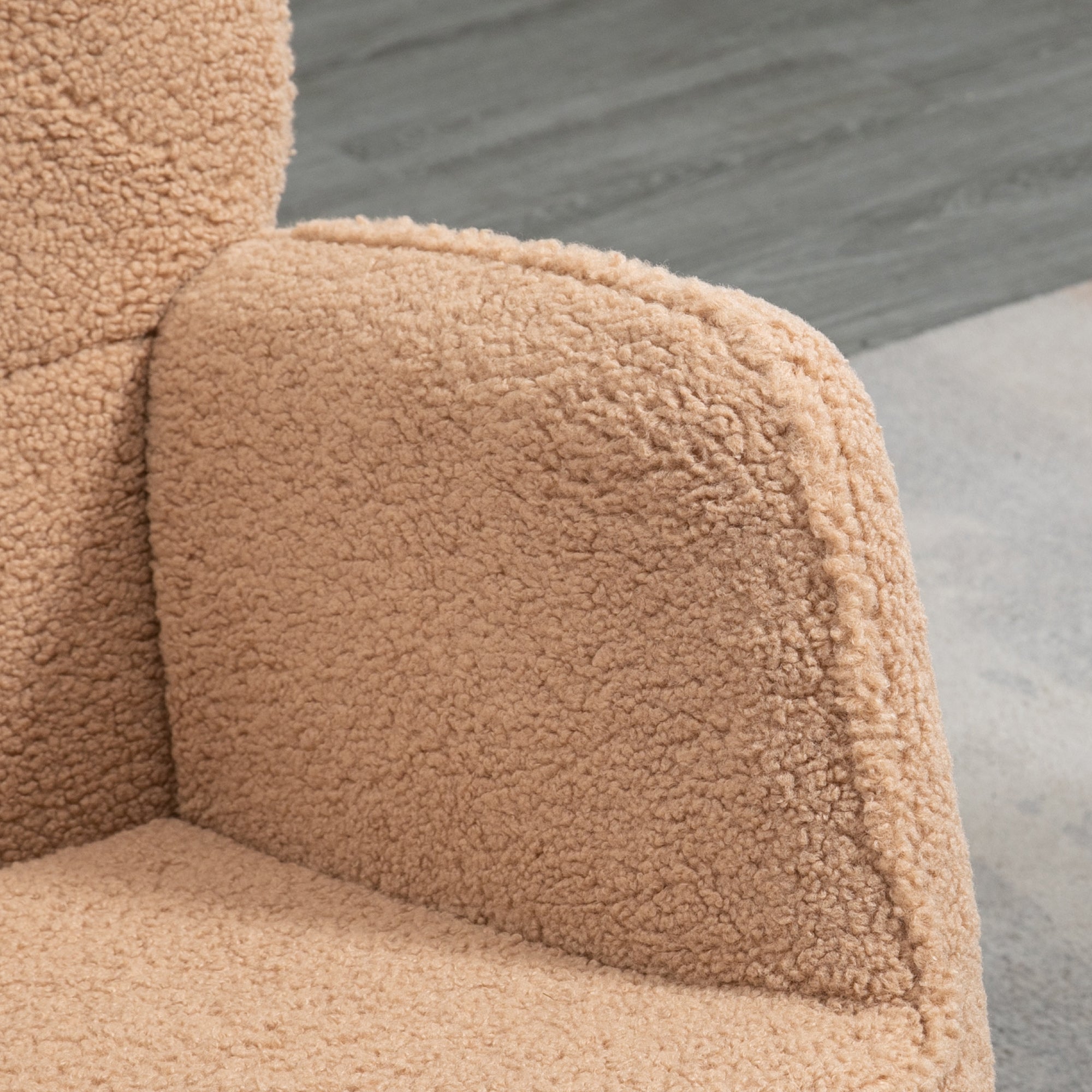 Fauteuil à bascule, rocking chair, revêtement bouclette, fauteuil allaitement, chaise à bascule, structure en acier, pieds en bois massif, marron