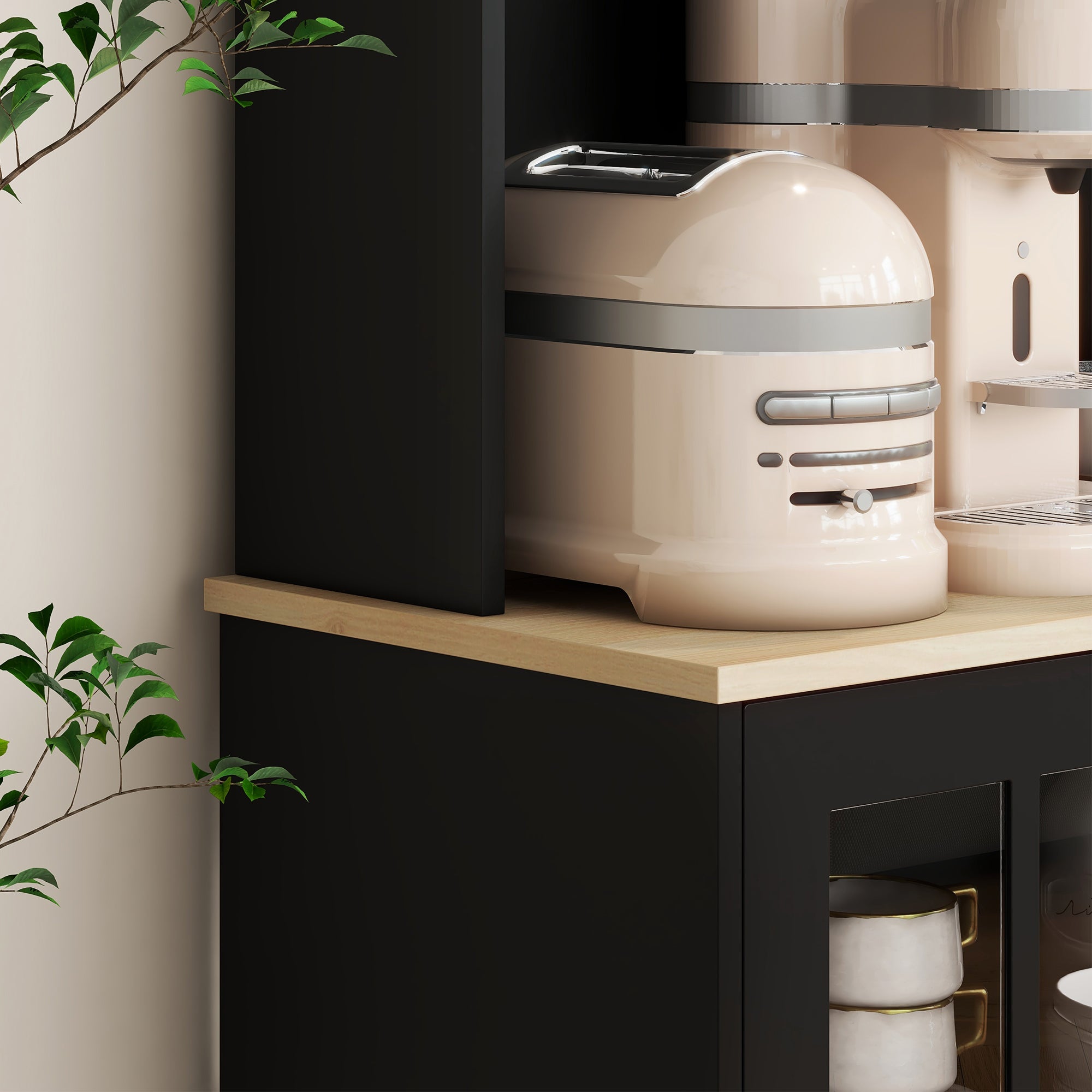 Buffet cuisine, meuble cuisine rangement haut, meuble de rangement avec plan de travail, 3 portes vitrées, 2 niches et étagères réglables, 80 x 37 x 183 cm, noir chêne