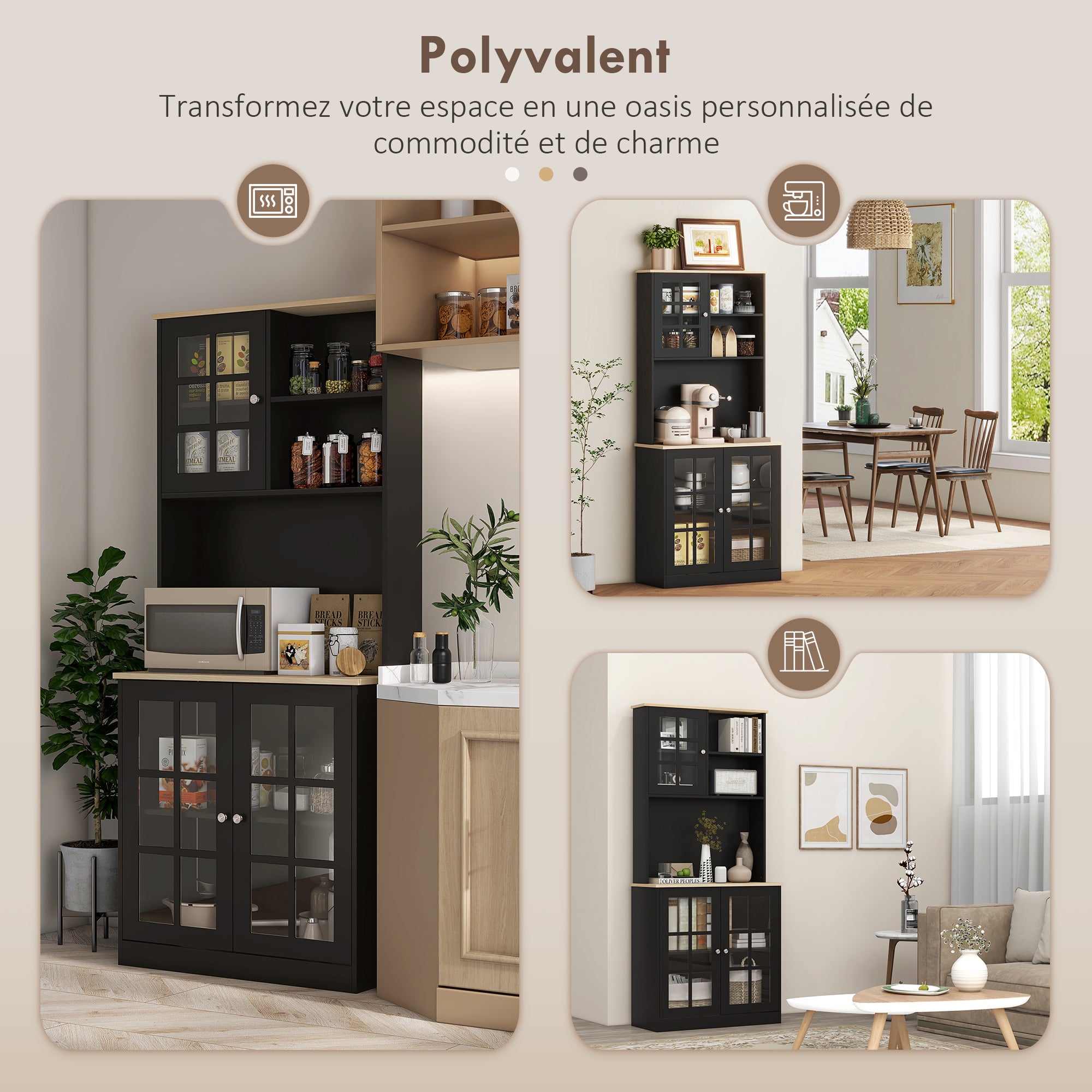 Buffet cuisine, meuble cuisine rangement haut, meuble de rangement avec plan de travail, 3 portes vitrées, 2 niches et étagères réglables, 80 x 37 x 183 cm, noir chêne