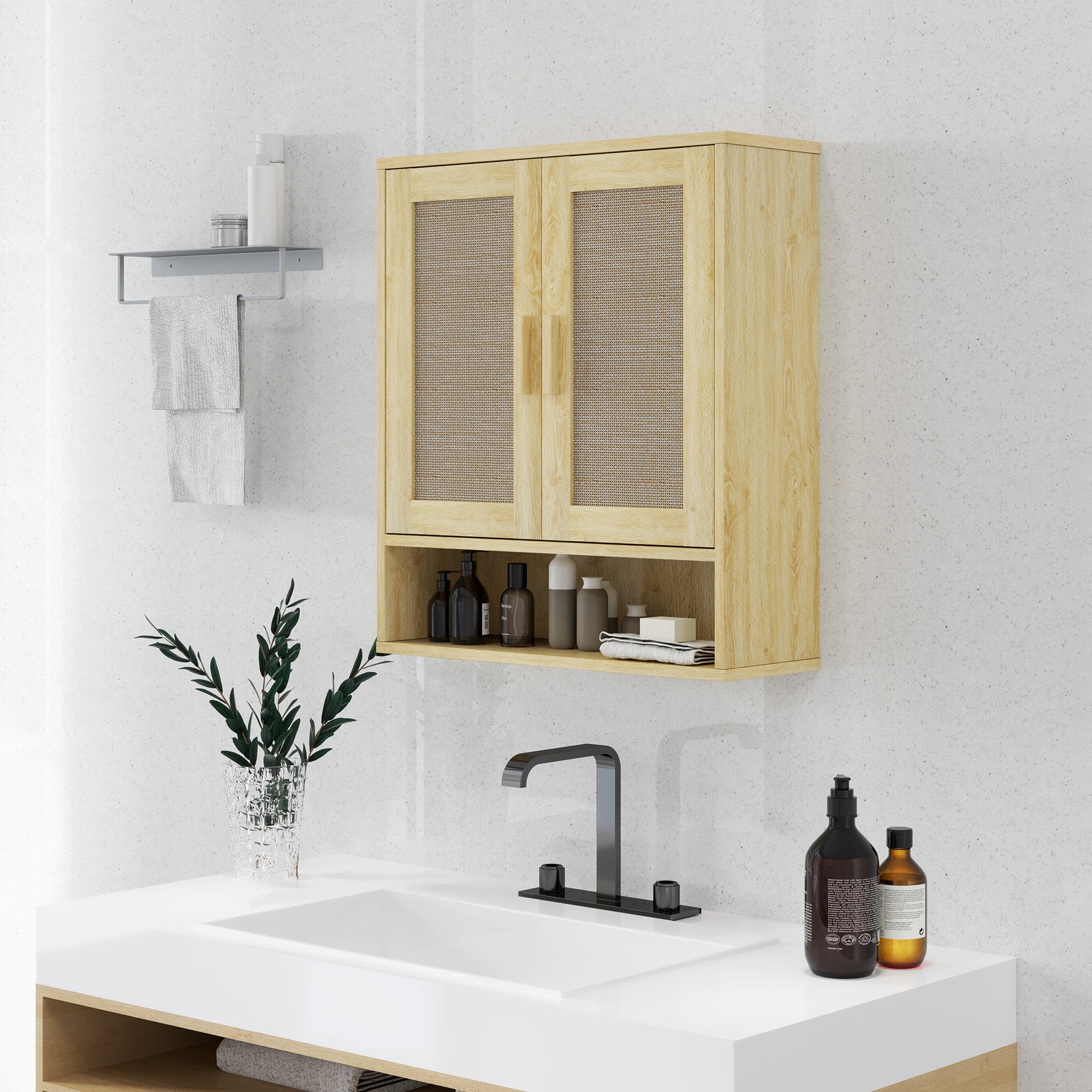 Meuble mural salle de bain, meuble wc suspendu, avec étagère réglable, double porte et étagère ouverte, 59 x 20 x 66,5 cm, effet bois de chêne