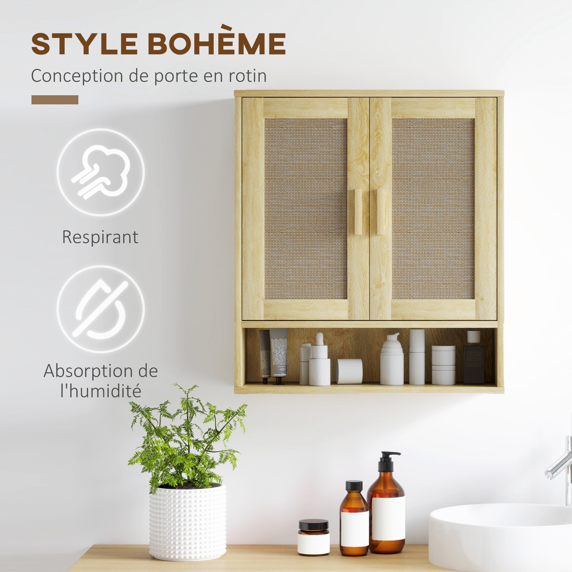 Meuble mural salle de bain, meuble wc suspendu, avec étagère réglable, double porte et étagère ouverte, 59 x 20 x 66,5 cm, effet bois de chêne