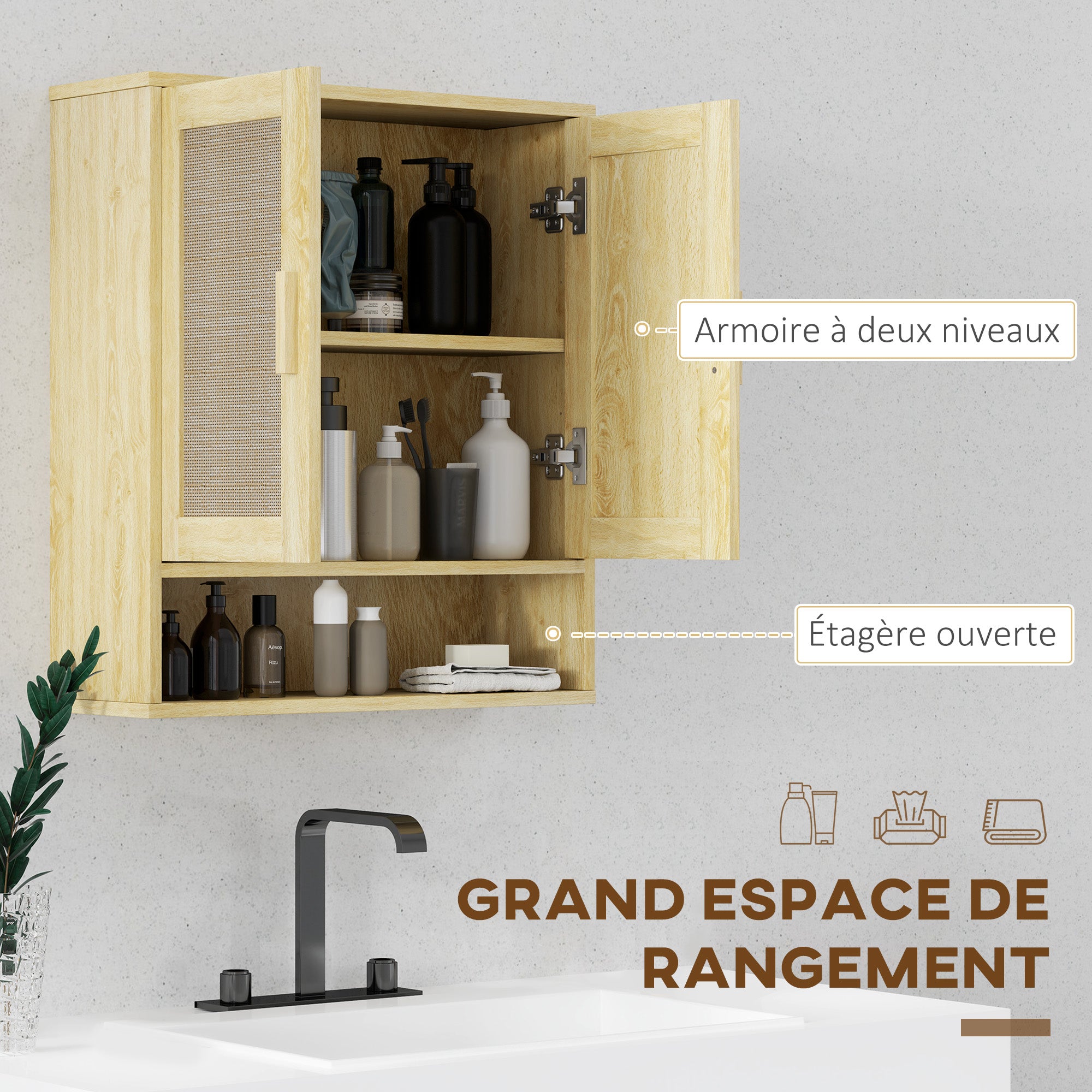 Meuble mural salle de bain, meuble wc suspendu, avec étagère réglable, double porte et étagère ouverte, 59 x 20 x 66,5 cm, effet bois de chêne