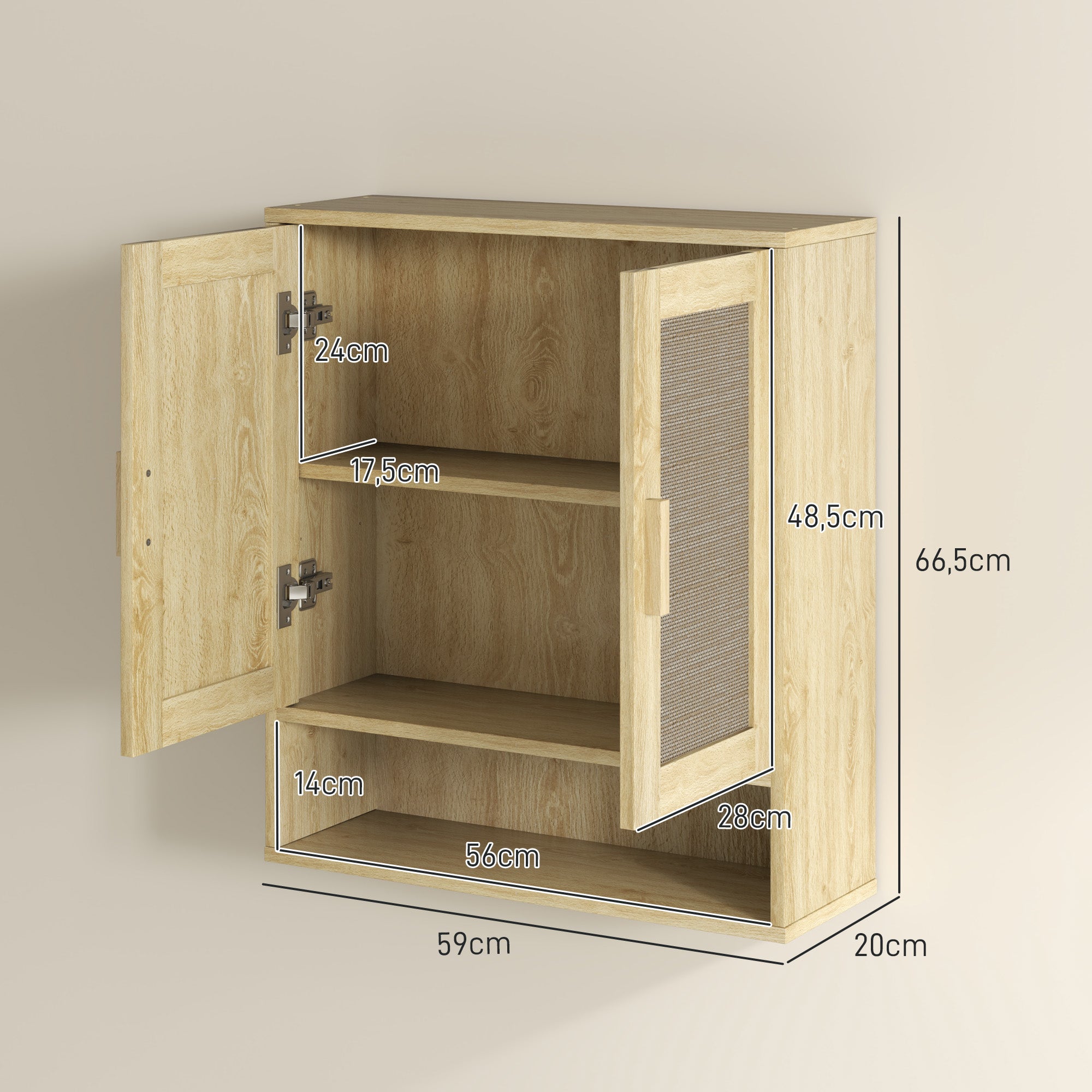 Meuble mural salle de bain, meuble wc suspendu, avec étagère réglable, double porte et étagère ouverte, 59 x 20 x 66,5 cm, effet bois de chêne