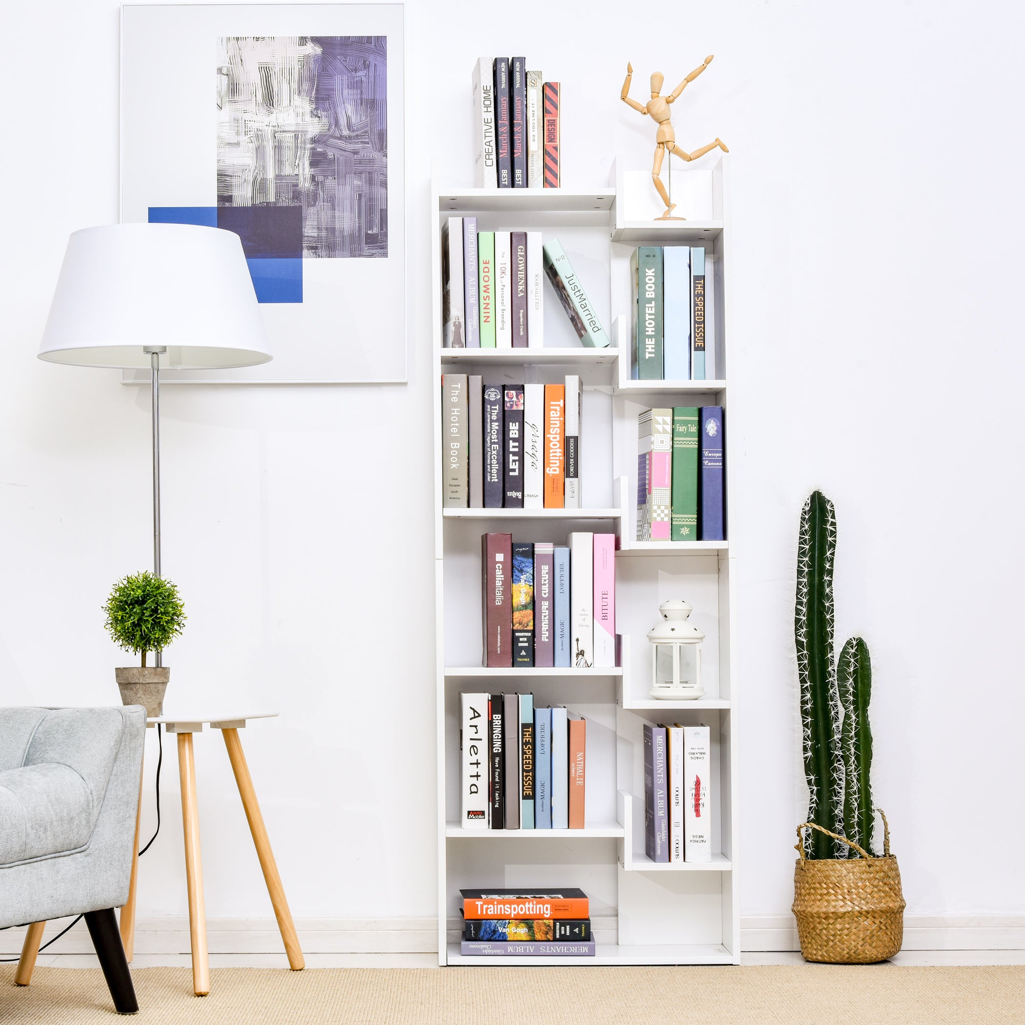 Bibliothèque, étagère de rangement à 6 niveaux, bibliothèque haute, étagère à livres moderne, design irrégulier, pour salon, chambre, bureau, 60 x 21 x 162,5 cm, blanc