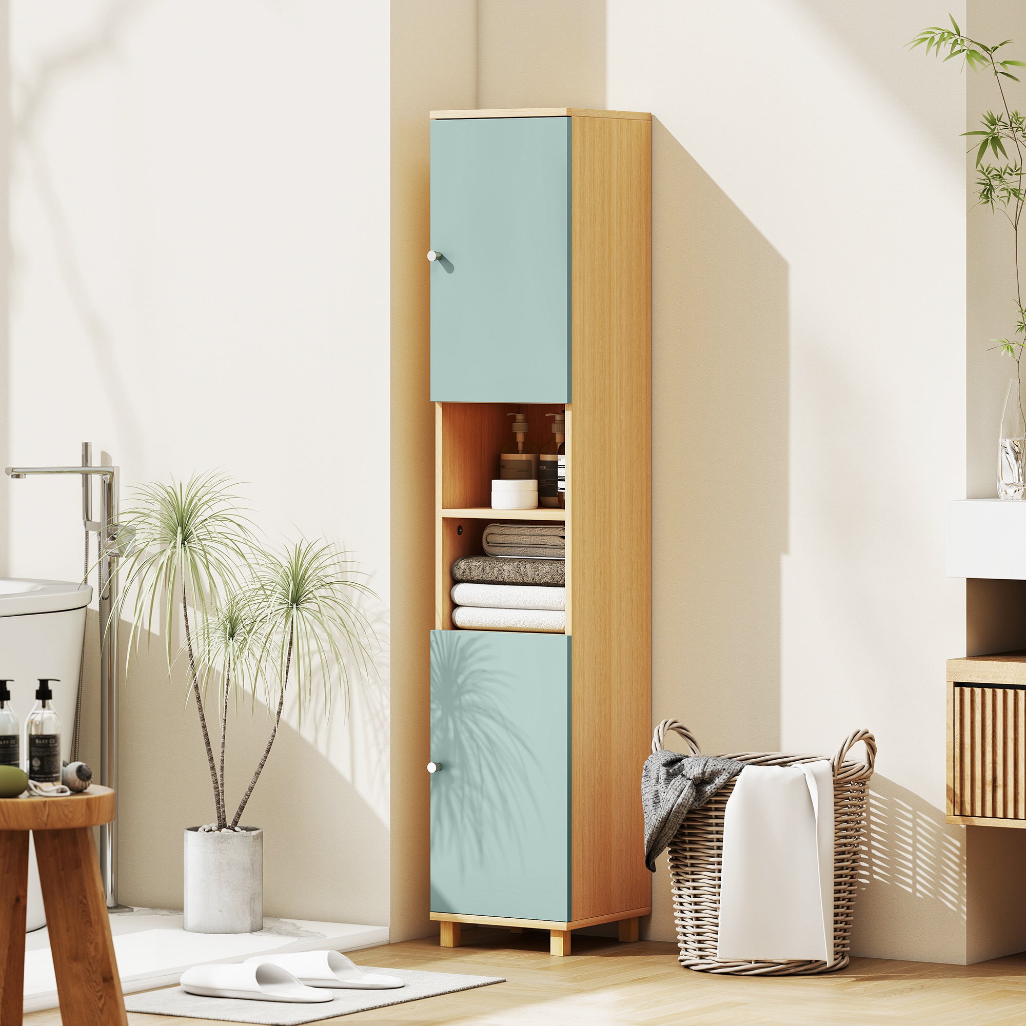 Meuble de salle de bain, meuble de rangement, armoire salle de bain avec 2 placards, 2 compartiments ouverts et étagères réglables, pour salon, petits espaces, 30 x 30 x 166 cm, vert