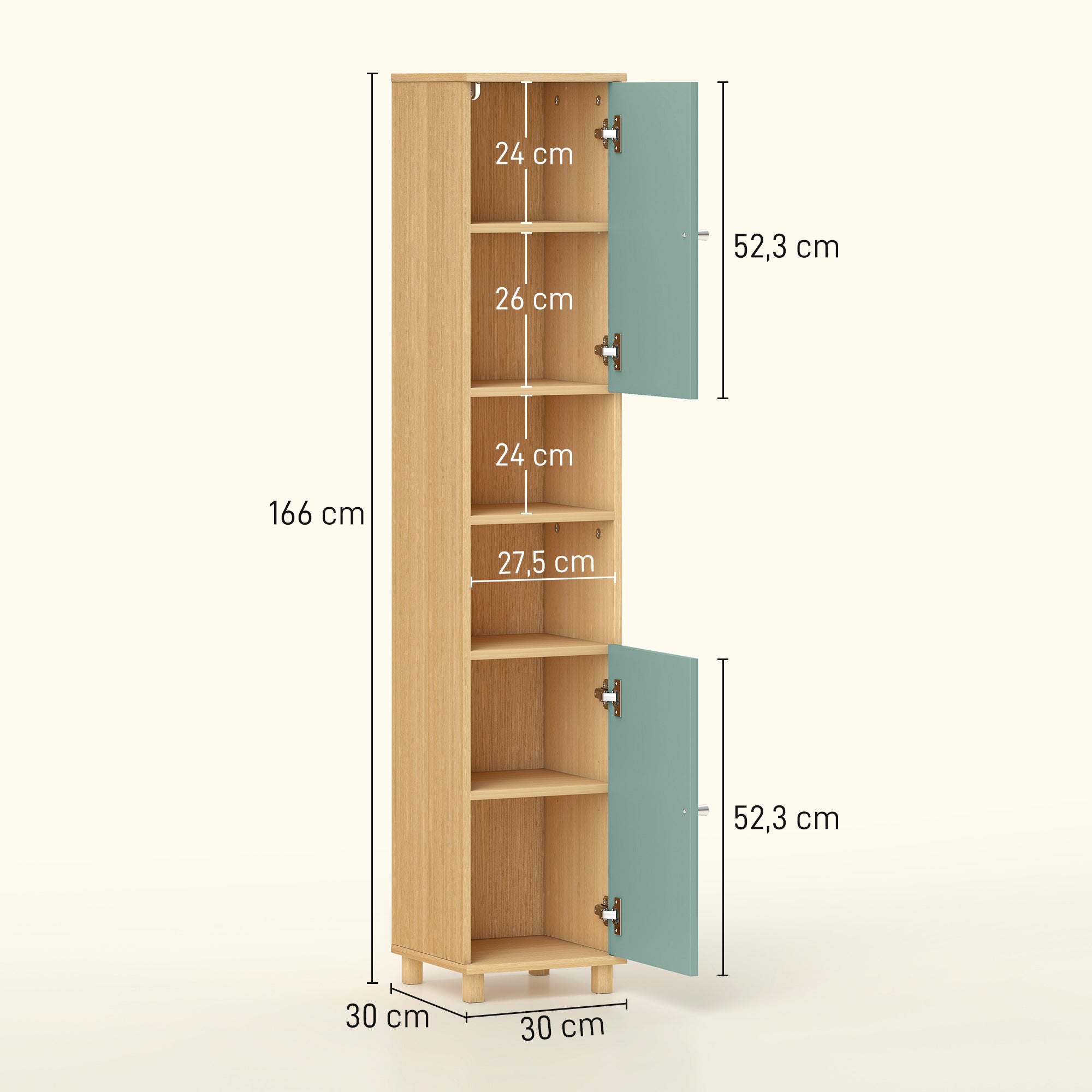 Meuble de salle de bain, meuble de rangement, armoire salle de bain avec 2 placards, 2 compartiments ouverts et étagères réglables, pour salon, petits espaces, 30 x 30 x 166 cm, vert