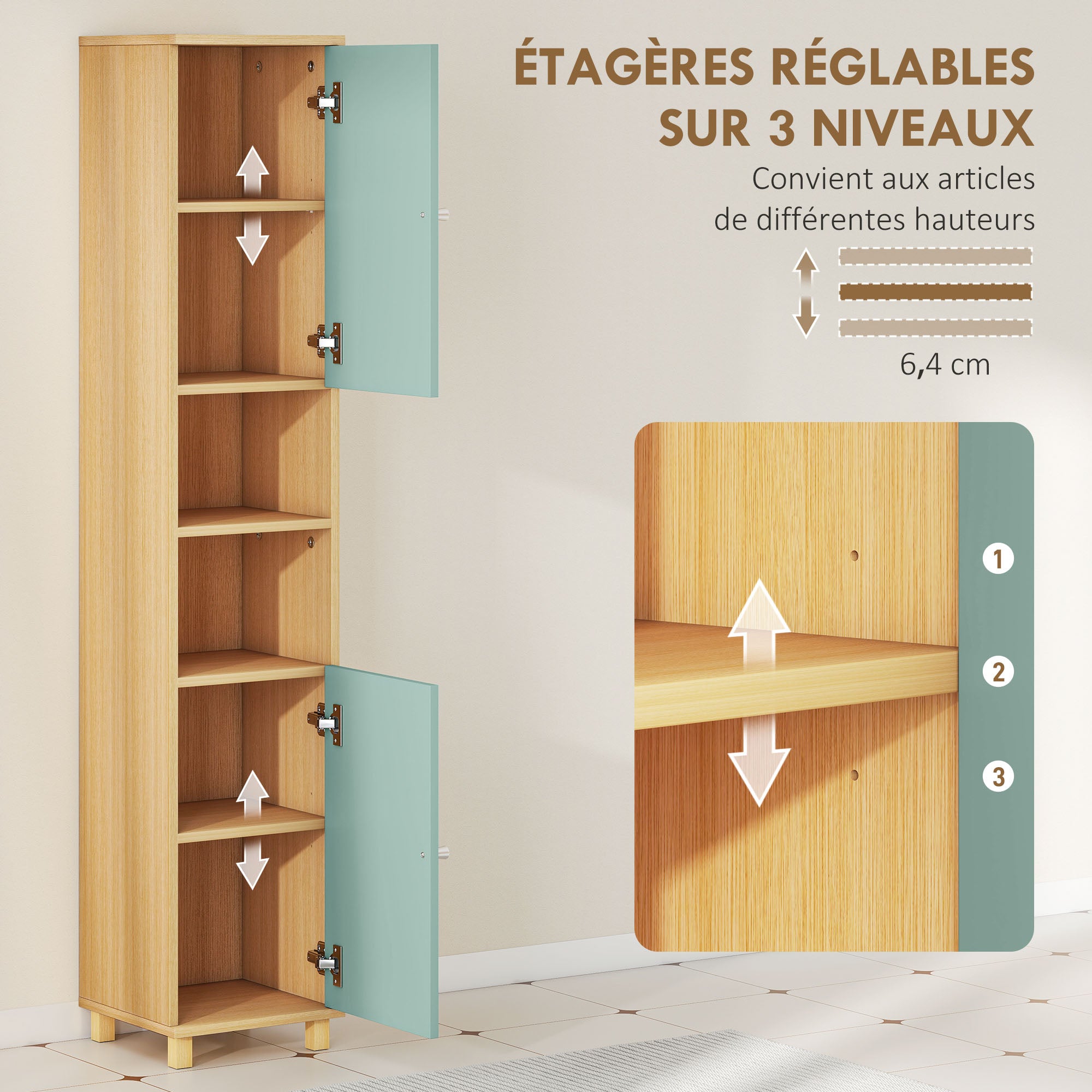 Meuble de salle de bain, meuble de rangement, armoire salle de bain avec 2 placards, 2 compartiments ouverts et étagères réglables, pour salon, petits espaces, 30 x 30 x 166 cm, vert