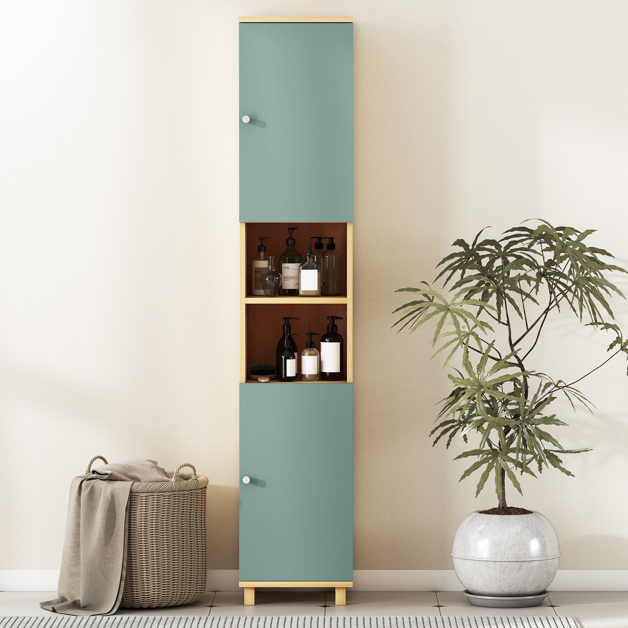 Meuble de salle de bain, meuble de rangement, armoire salle de bain avec 2 placards, 2 compartiments ouverts et étagères réglables, pour salon, petits espaces, 30 x 30 x 166 cm, vert