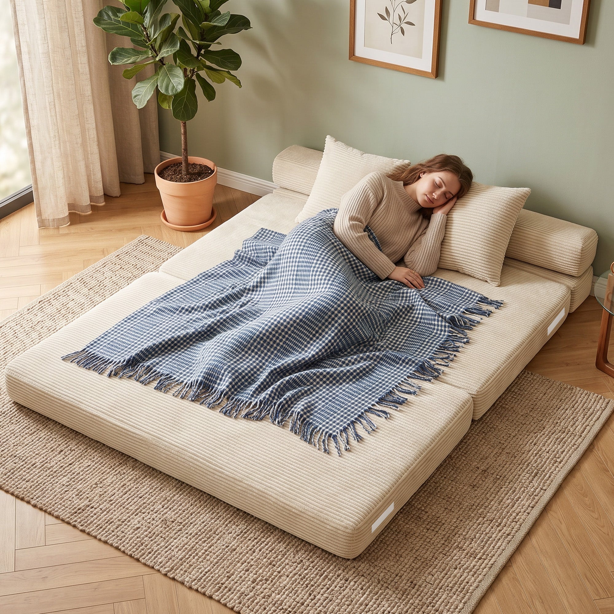 Canapé-Lit Pliant 2 en 1, Chauffeuse 2 Places Convertible Velours Côtelé, Matelas Pliable, Coussin Épais Dossier Oreillers Poches Latérales, Entièrement Compressé Aucun Assemblage Requis, Crème