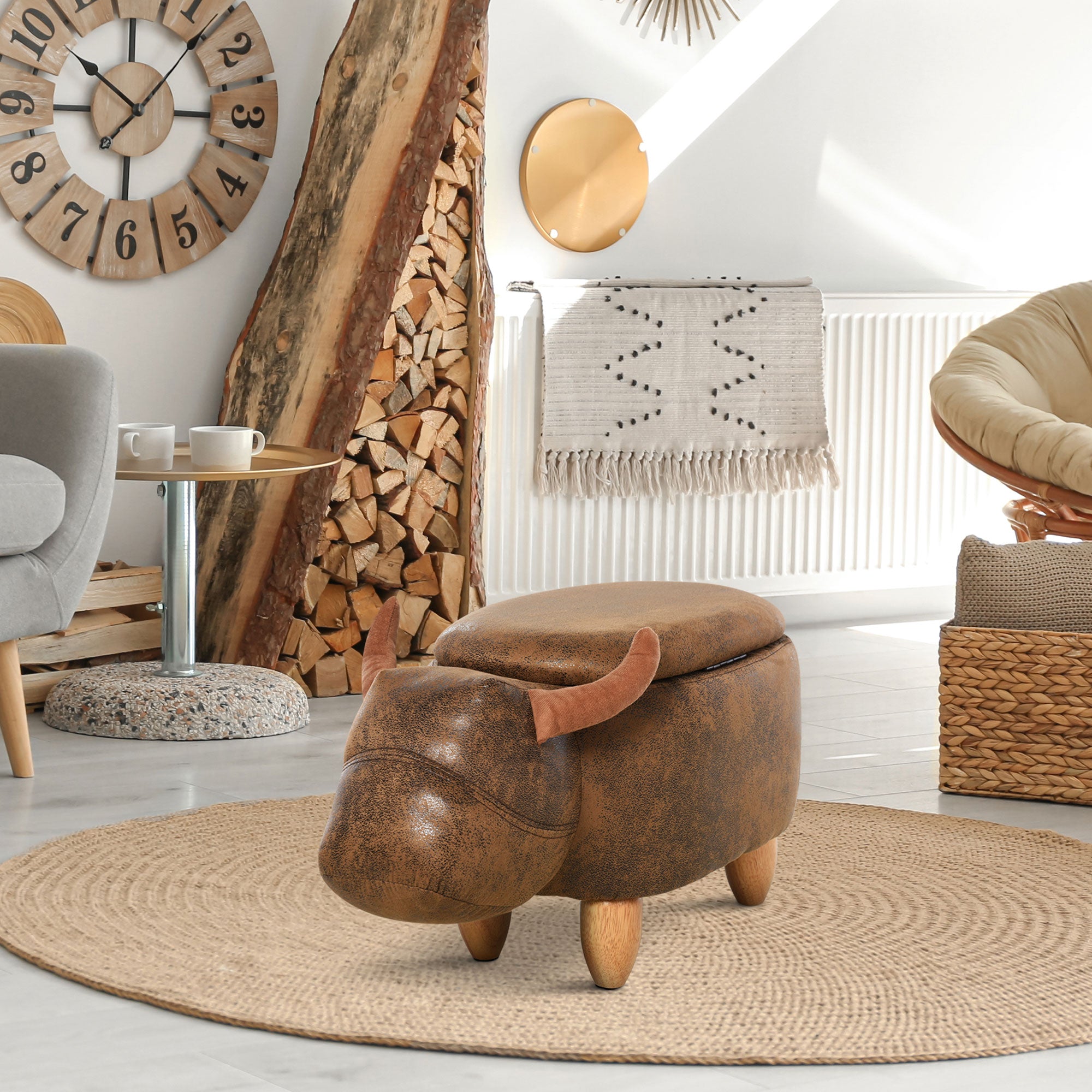 Tabouret Vache - Pouf Vachette - Pouf Taureau Coffre de Rangement 2 en 1 - Pieds Bois d'hévéa revêtement synthétique Aspect Daim Vieilli Marron