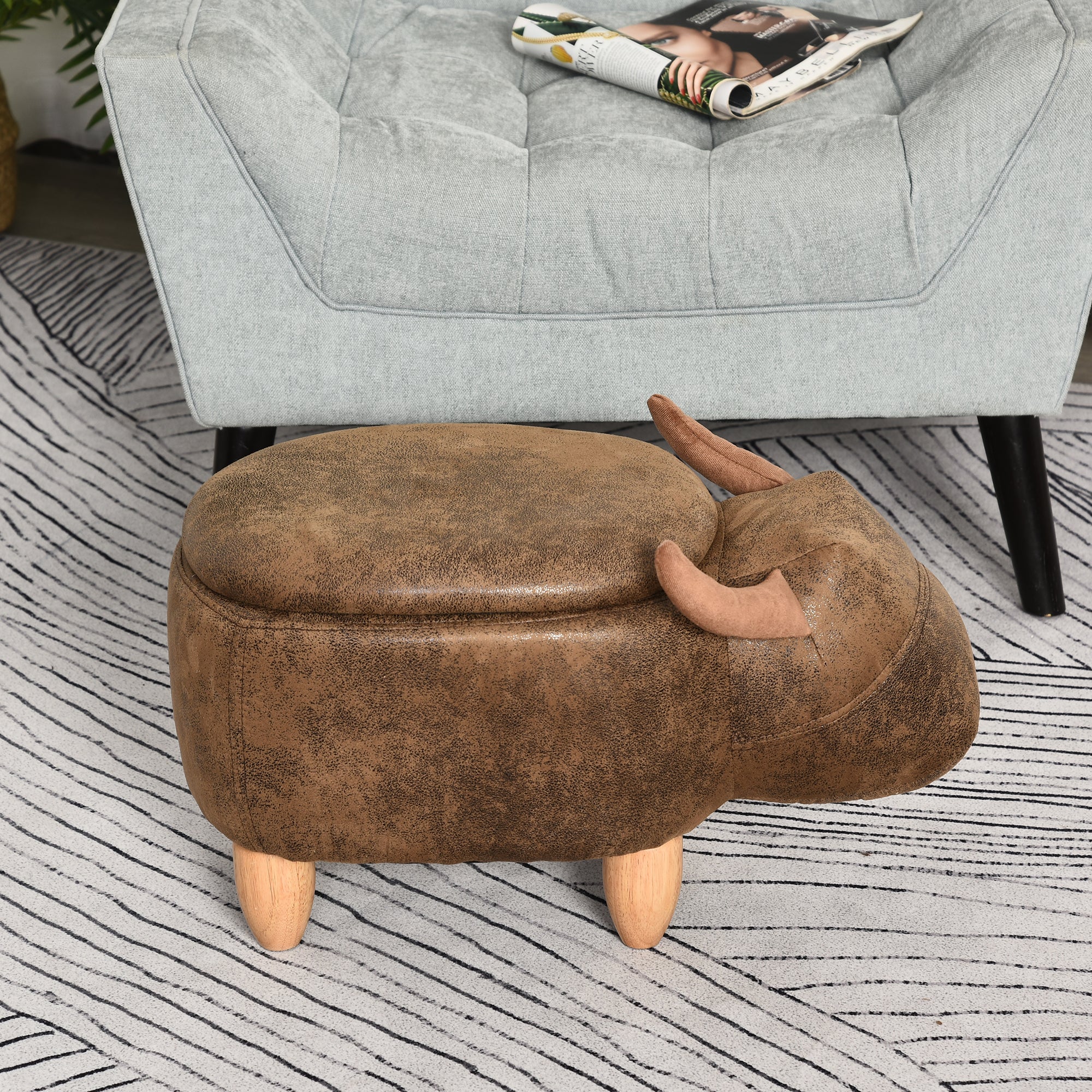 Tabouret Vache - Pouf Vachette - Pouf Taureau Coffre de Rangement 2 en 1 - Pieds Bois d'hévéa revêtement synthétique Aspect Daim Vieilli Marron