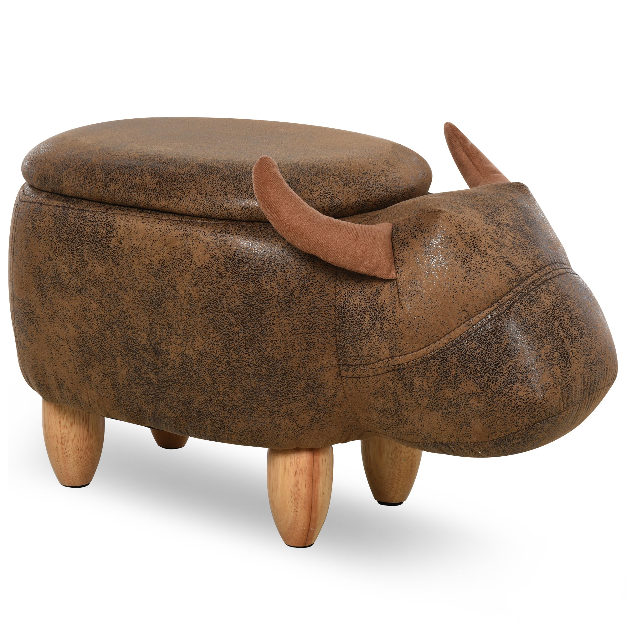 Tabouret Vache - Pouf Vachette - Pouf Taureau Coffre de Rangement 2 en 1 - Pieds Bois d'hévéa revêtement synthétique Aspect Daim Vieilli Marron
