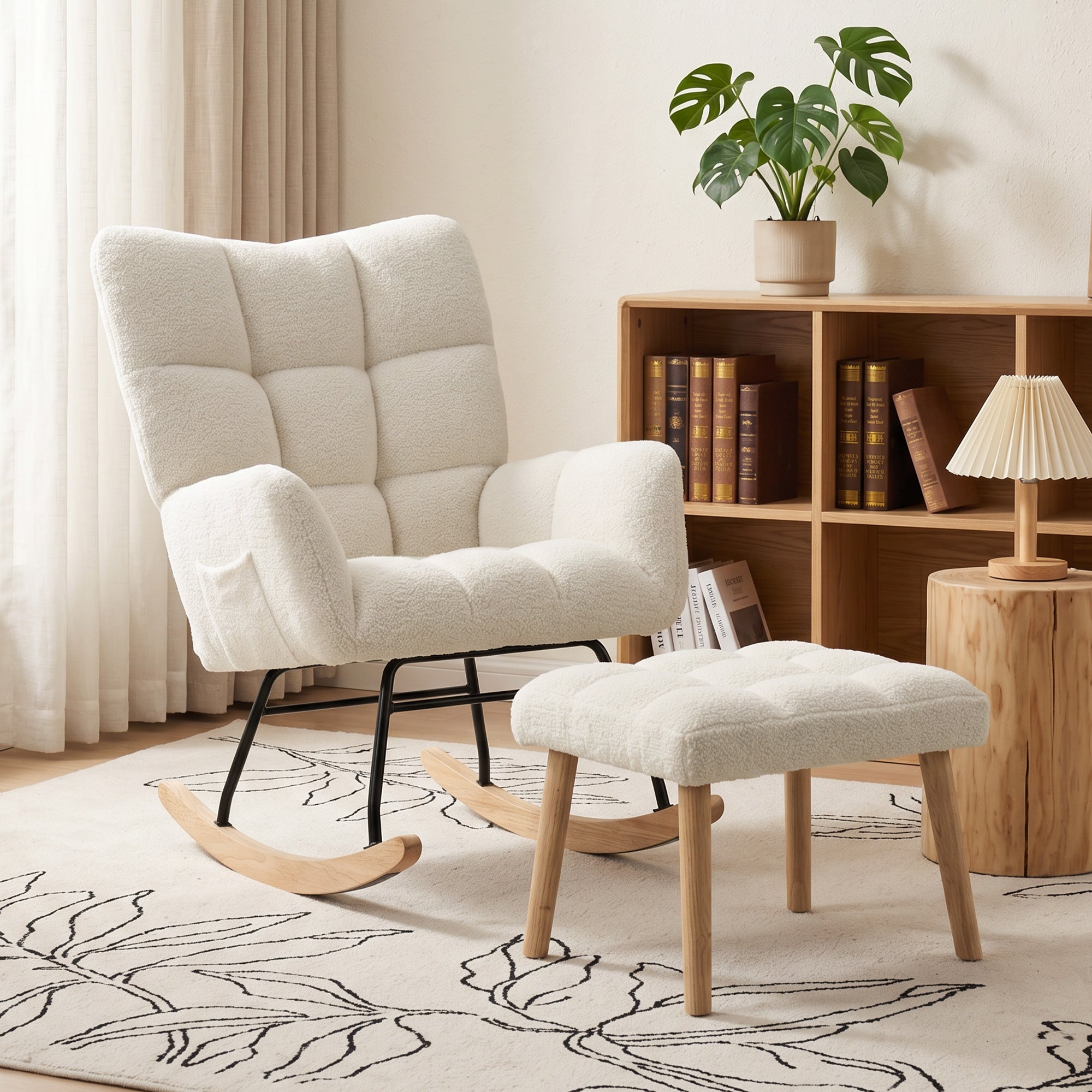 Fauteuil à Bascule avec Repose-Pieds, Rocking Chair en Tissu Bouclette, Assise Rembourrée, Dossier Large et Haut, Coussin Épais, Accoudoirs, Chaise Bascule Capitonnée pour Salon Chambre, Crème