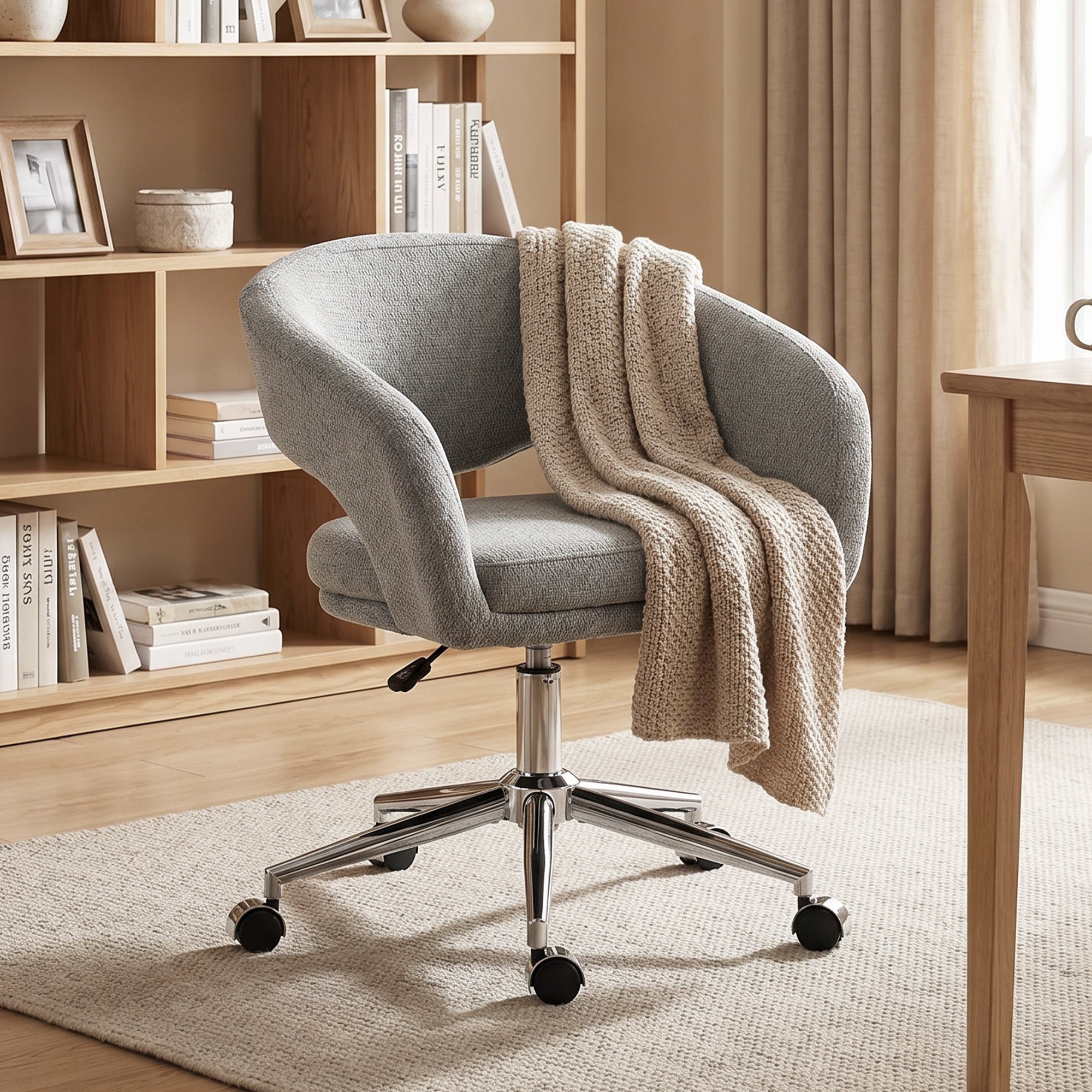 Chaise Bureau Ergonomique, Fauteuil de Bureau en Chenille avec Hauteur Réglable, Dossier Incurvé, Accoudoirs Intégrés et Pivotant à 360°, pour Bureau, Salon, Chambre, Gris