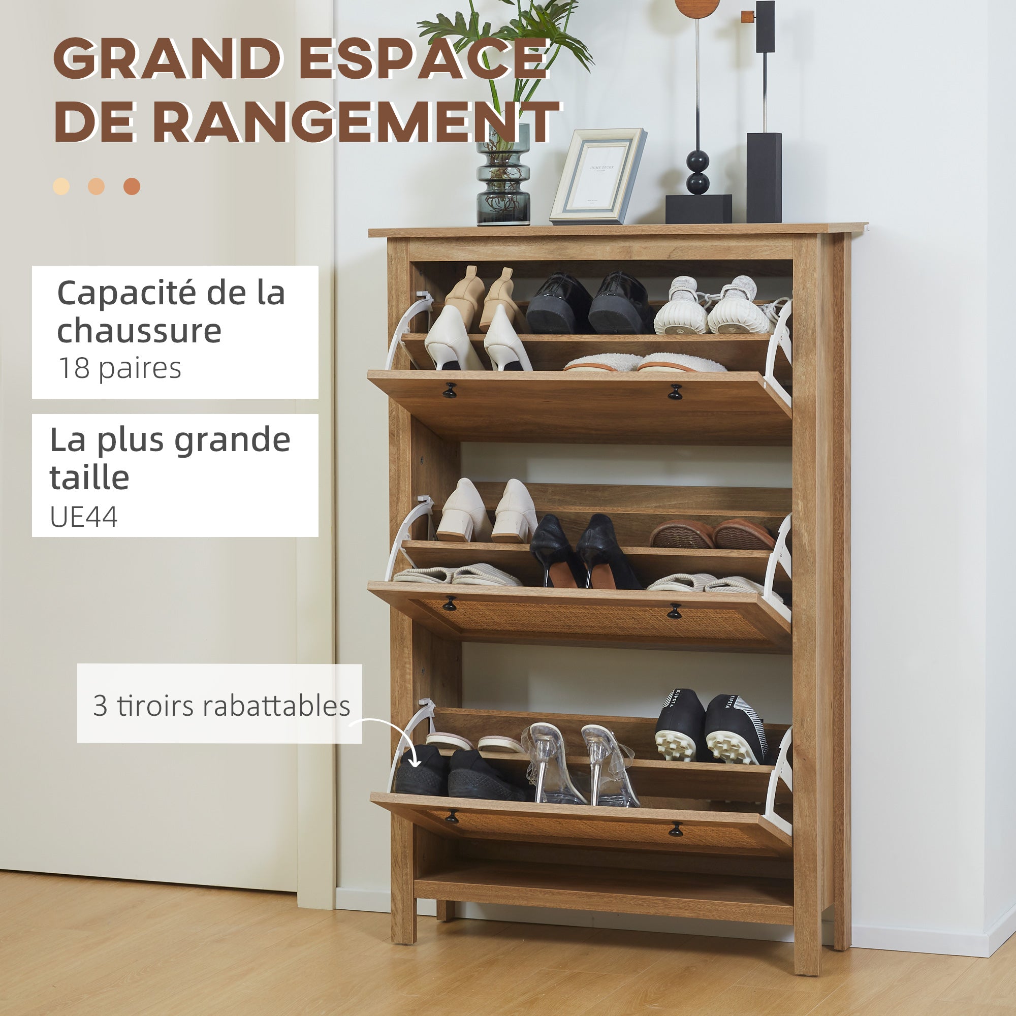 Meuble chaussure entrée, armoire à chaussures avec 3 tiroirs à portes abattants effet cannage rotin et étagère réglable, meuble d'entrée et couloir 18 paires - 80 x 23,5 x 121,5 cm bois naturel