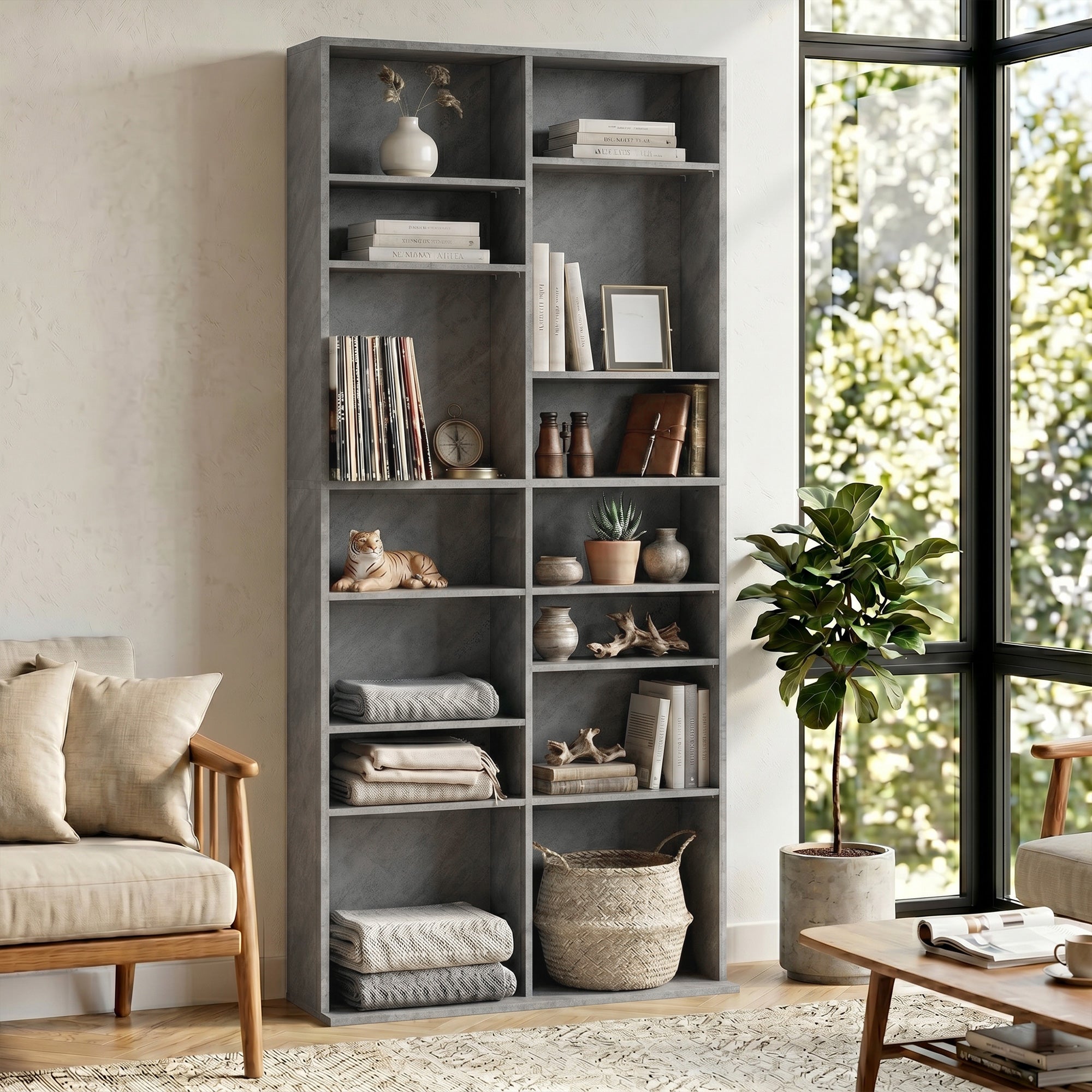 Rangements pour CD et DVD, meuble de rangement multimédia, capacité max. 640 CD/360 DVD et 430 Blu-ray, 18 compartiments 14 étagères réglables, pour salon, chambre, 78,5x24x175cm, gris clair